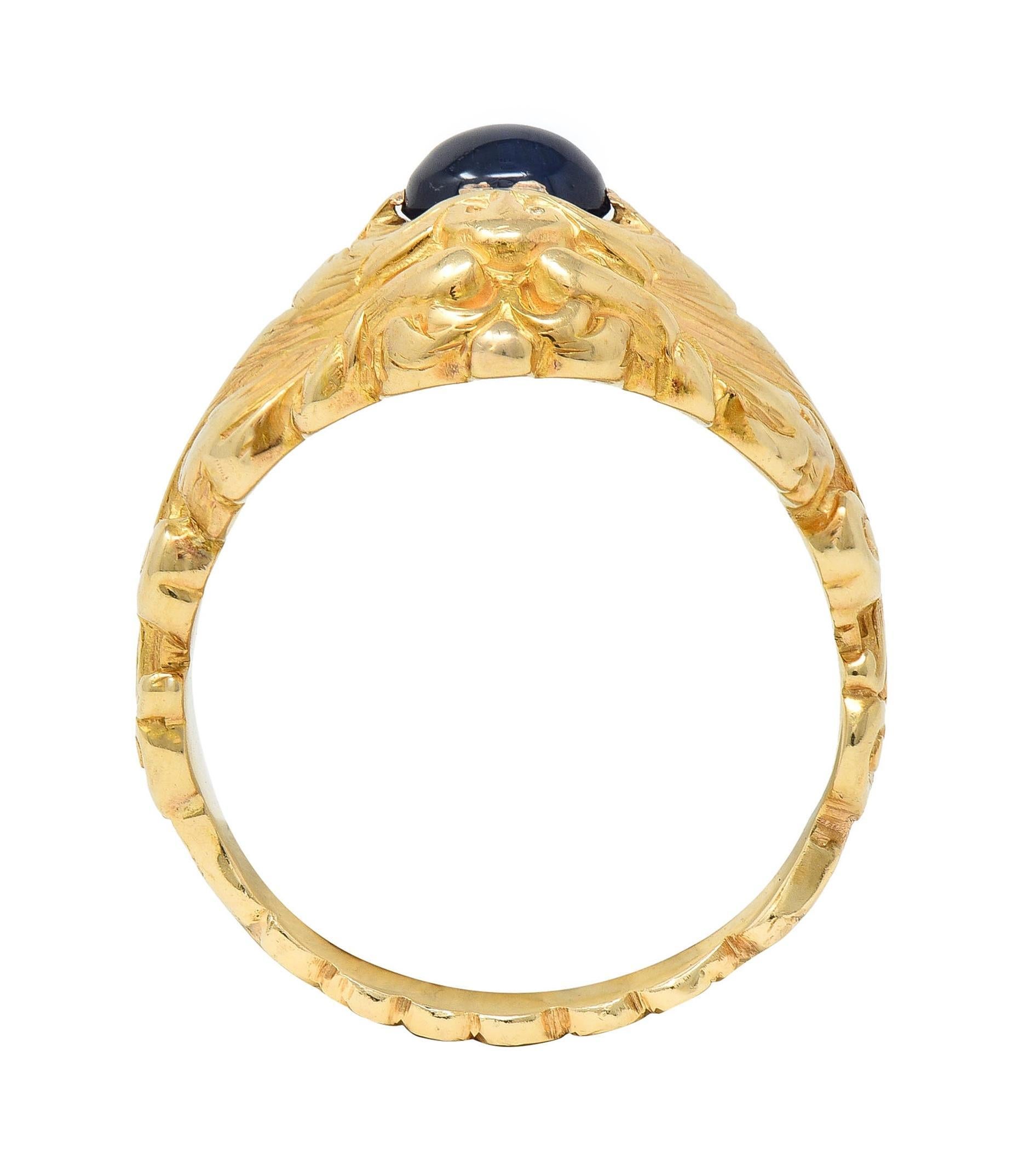 Victorian Sapphire 14 Karat Yellow Gold God Of Wind Unisex Antique Ring For Sale 6