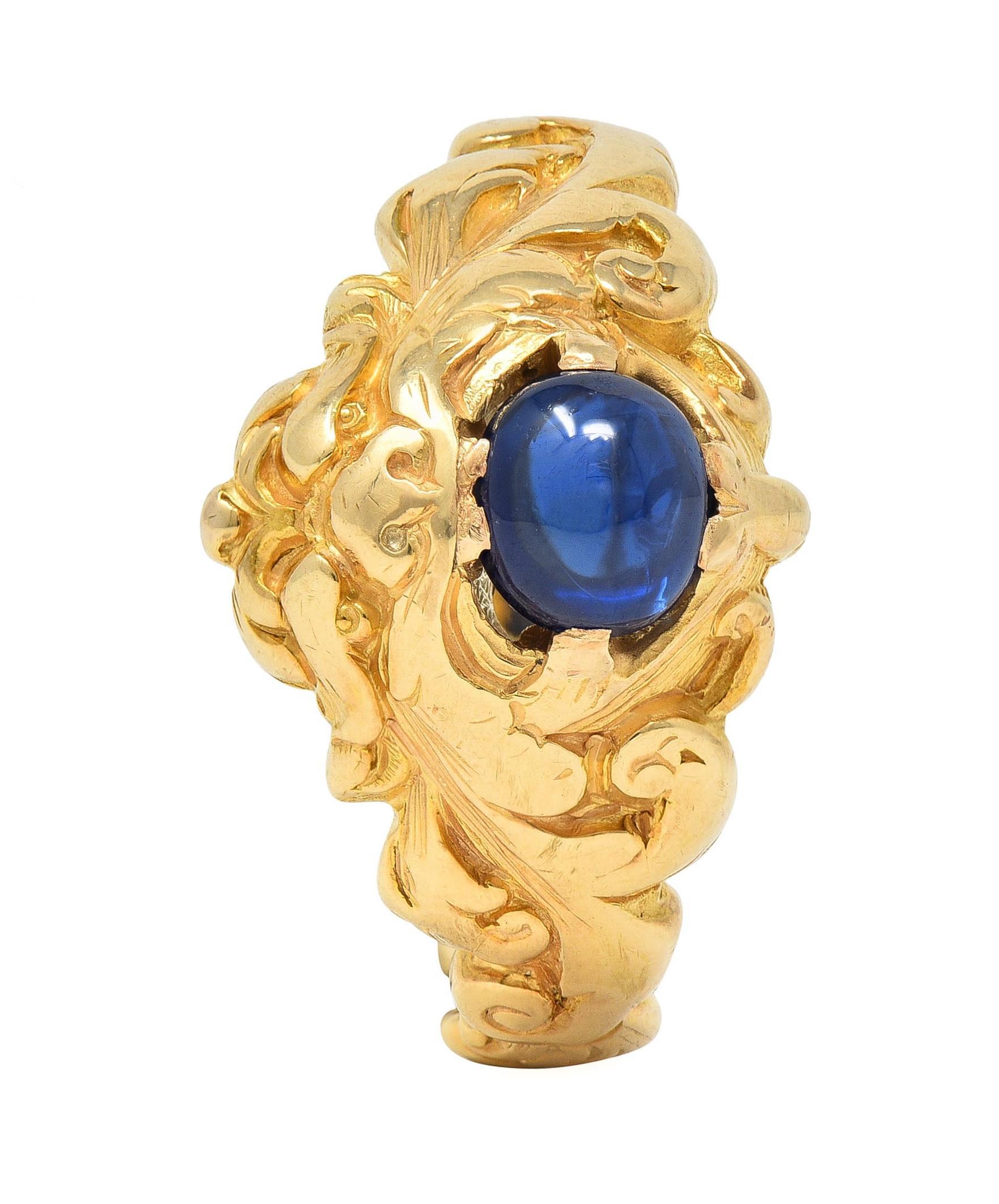 Victorian Sapphire 14 Karat Yellow Gold God Of Wind Unisex Antique Ring For Sale 7