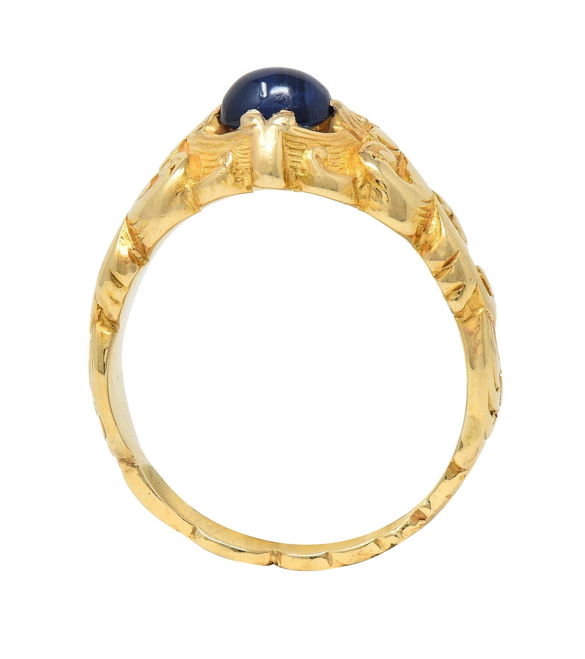 Victorian Sapphire 14 Karat Yellow Gold God Of Wind Unisex Antique Ring For Sale 8