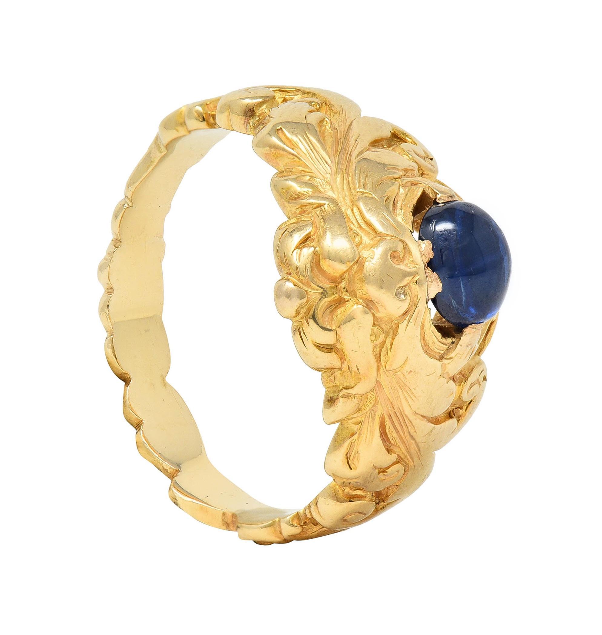 Victorian Sapphire 14 Karat Yellow Gold God Of Wind Unisex Antique Ring For Sale 9