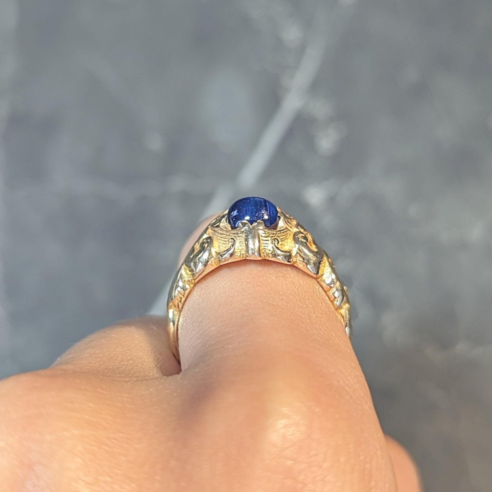 Victorian Sapphire 14 Karat Yellow Gold God Of Wind Unisex Antique Ring For Sale 11