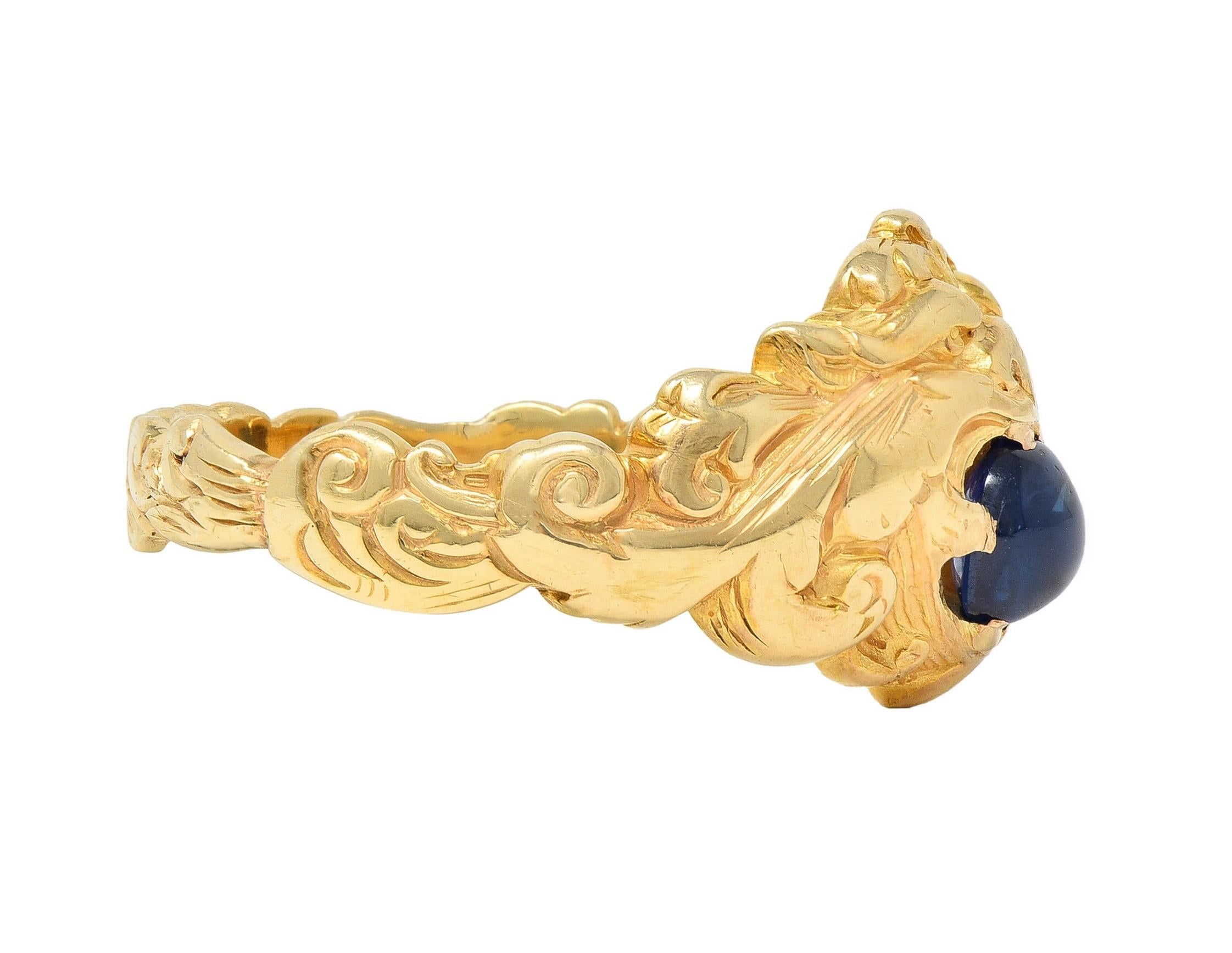 Victorian Sapphire 14 Karat Yellow Gold God Of Wind Unisex Antique Ring In Excellent Condition In Philadelphia, PA
