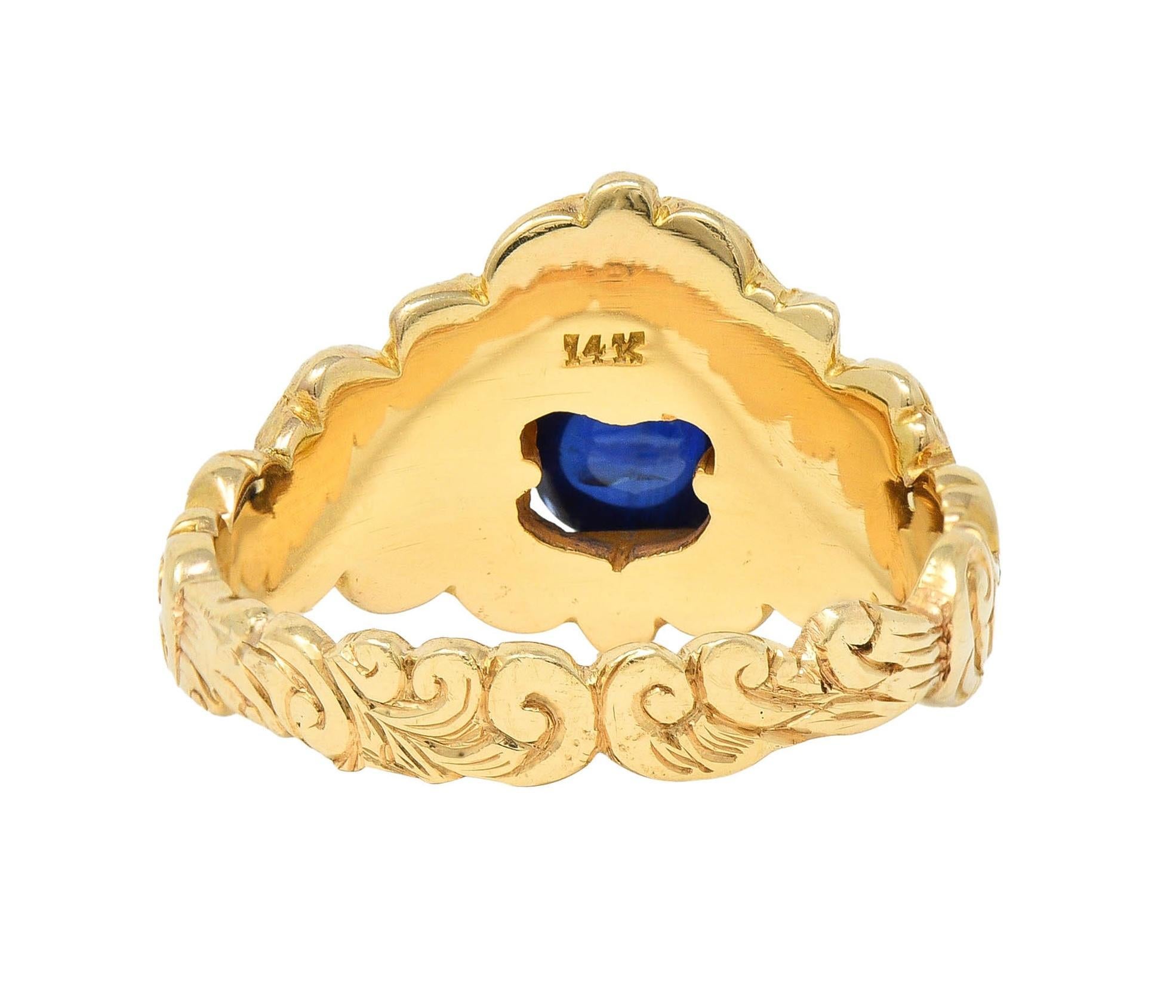 Victorian Sapphire 14 Karat Yellow Gold God Of Wind Unisex Antique Ring For Sale 1