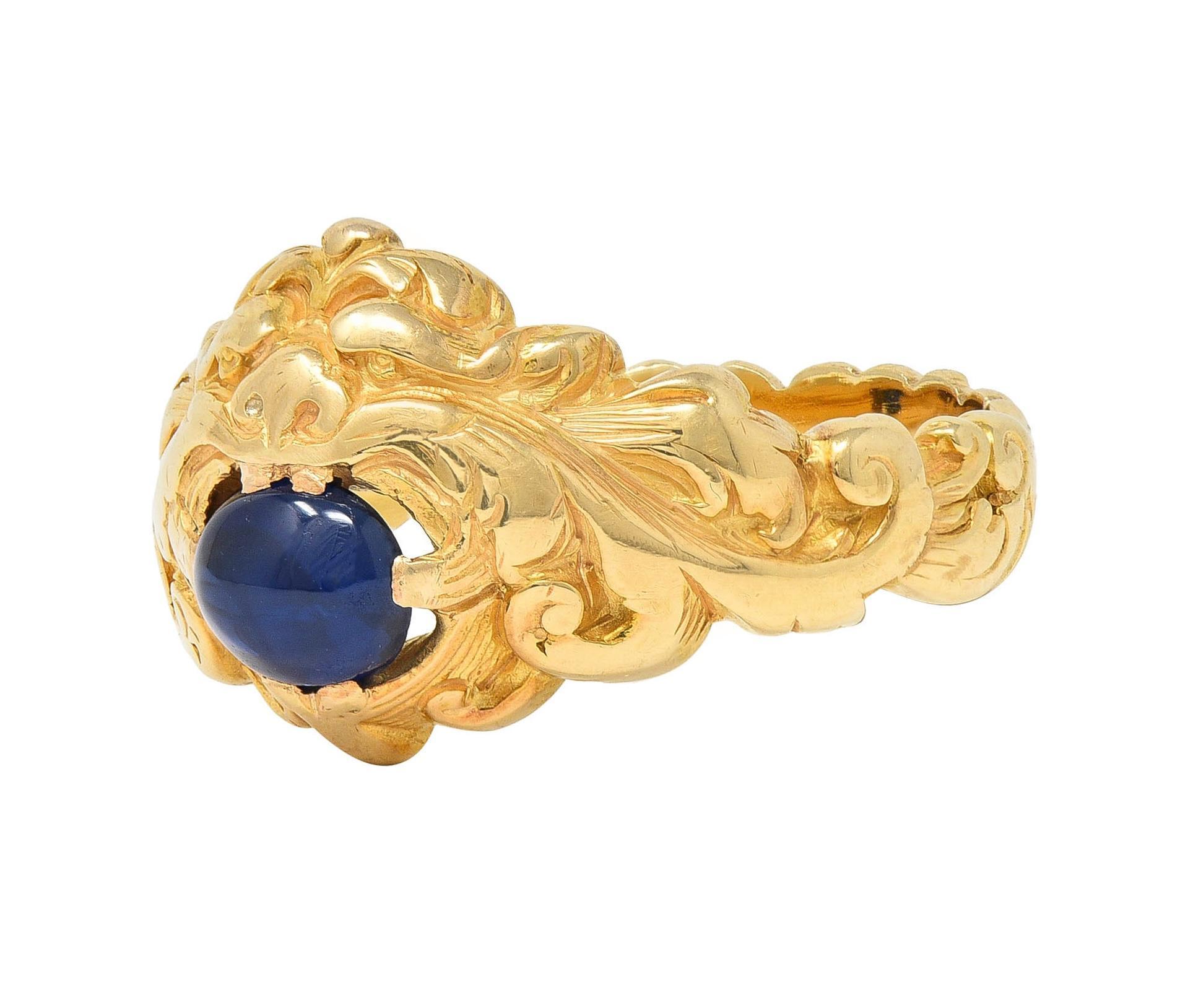 Victorian Sapphire 14 Karat Yellow Gold God Of Wind Unisex Antique Ring For Sale 3