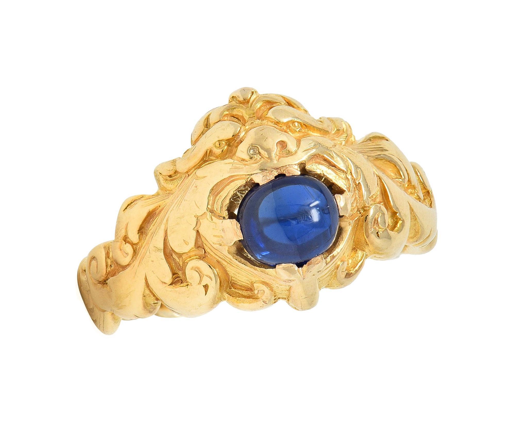Victorian Sapphire 14 Karat Yellow Gold God Of Wind Unisex Antique Ring For Sale 5