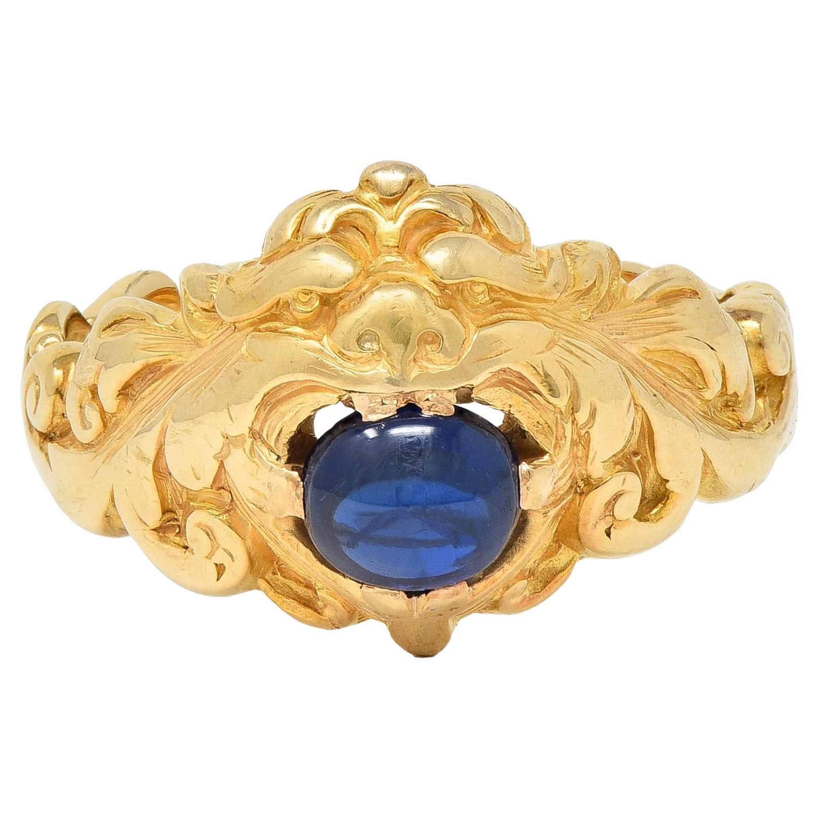 Victorian Sapphire 14 Karat Yellow Gold God Of Wind Unisex Antique Ring For Sale