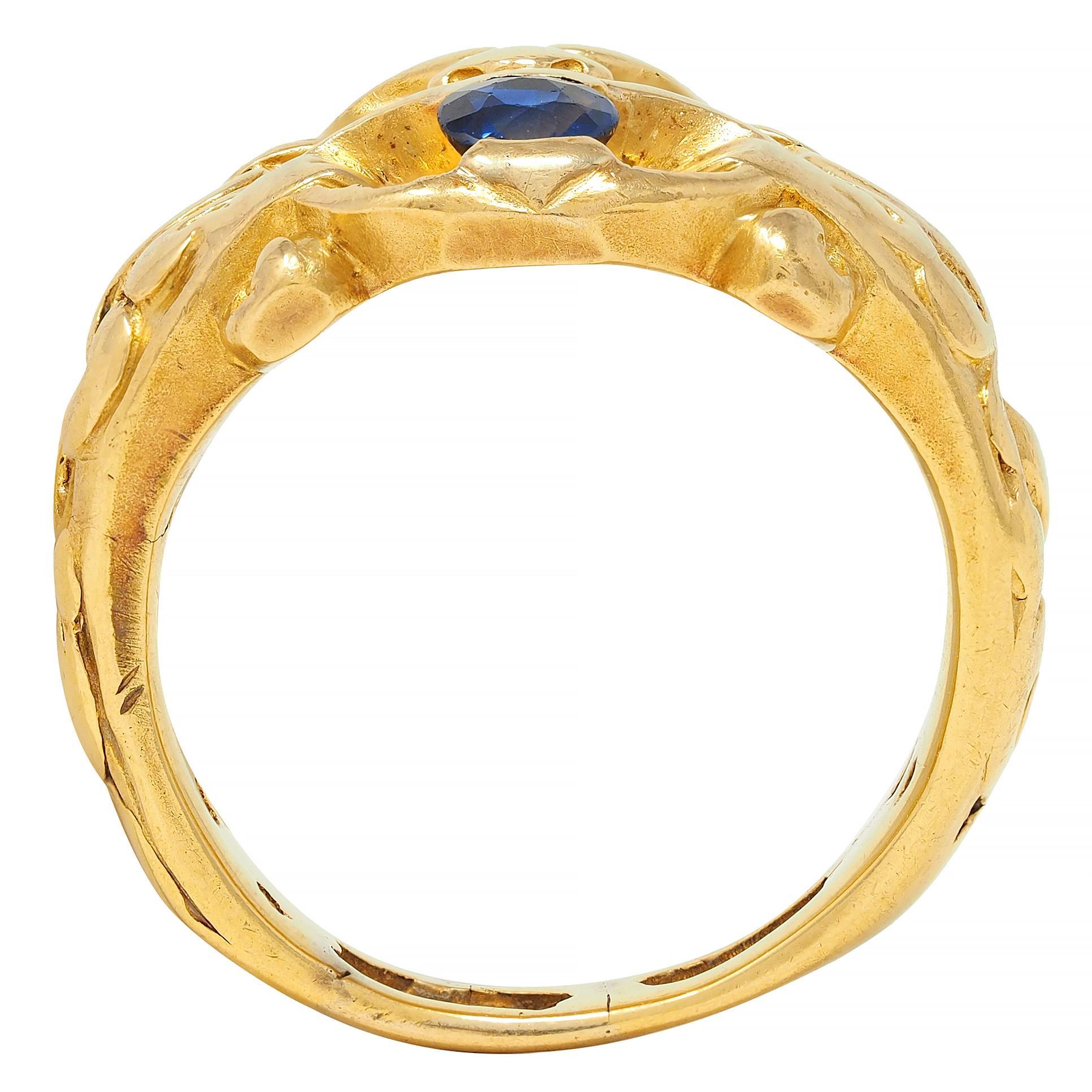 Victorian Sapphire 18 Karat Yellow Gold God Of Wind Antique Unisex Band Ring For Sale 6