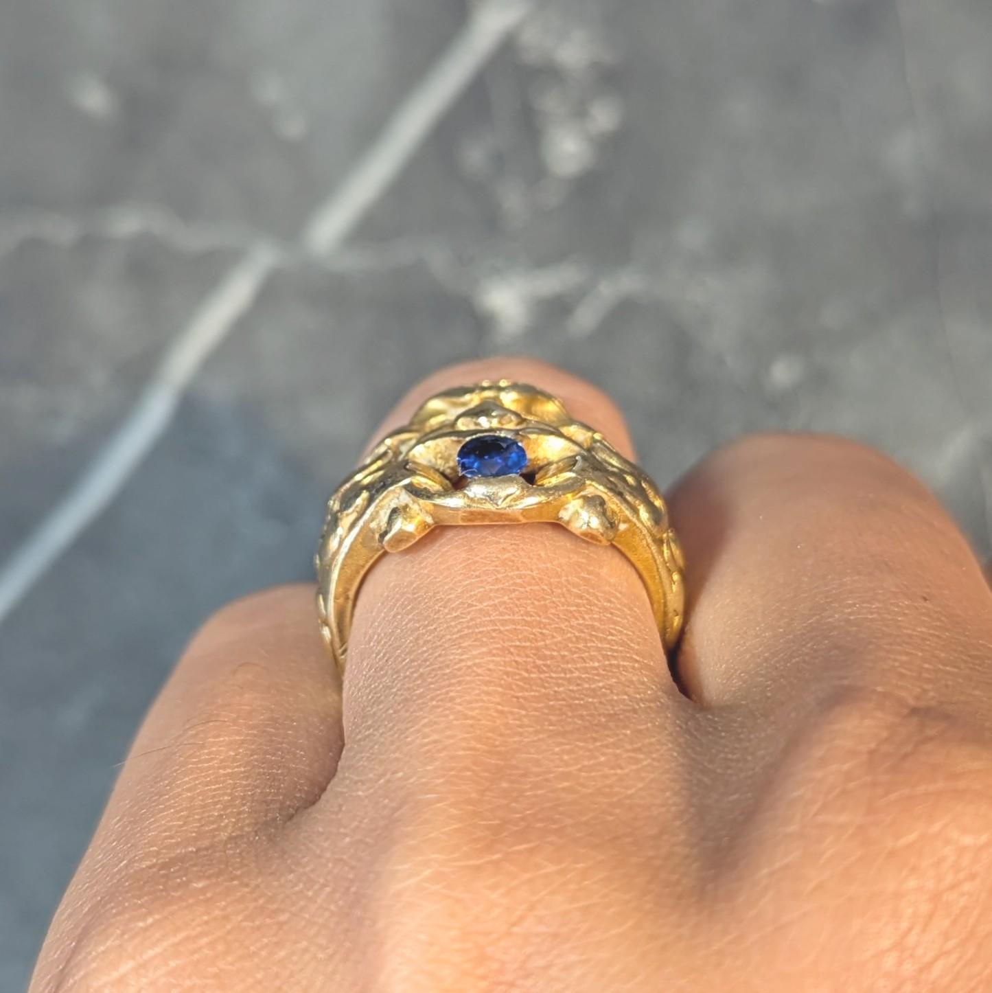 Victorian Sapphire 18 Karat Yellow Gold God Of Wind Antique Unisex Band Ring For Sale 8