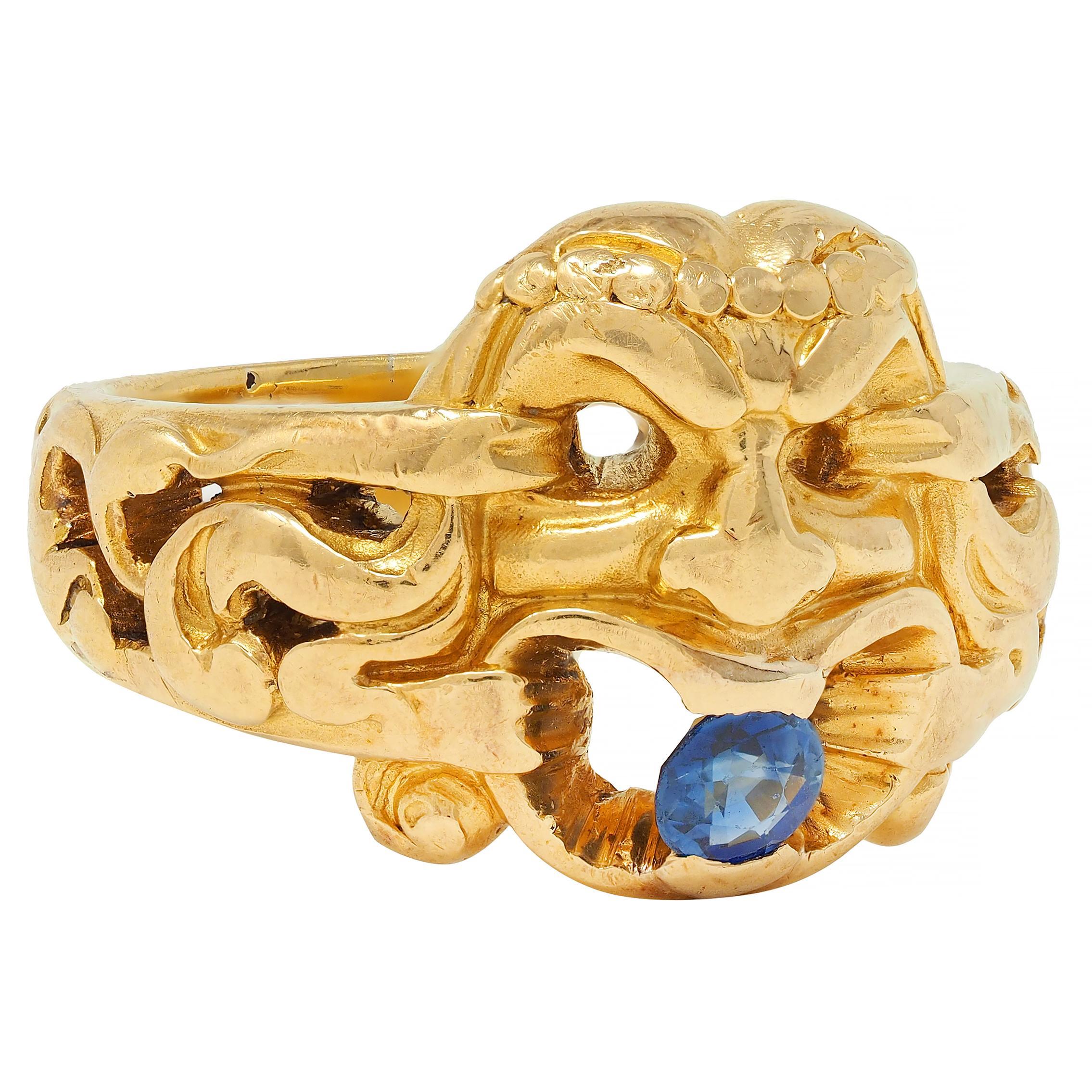 Round Cut Victorian Sapphire 18 Karat Yellow Gold God Of Wind Antique Unisex Band Ring For Sale