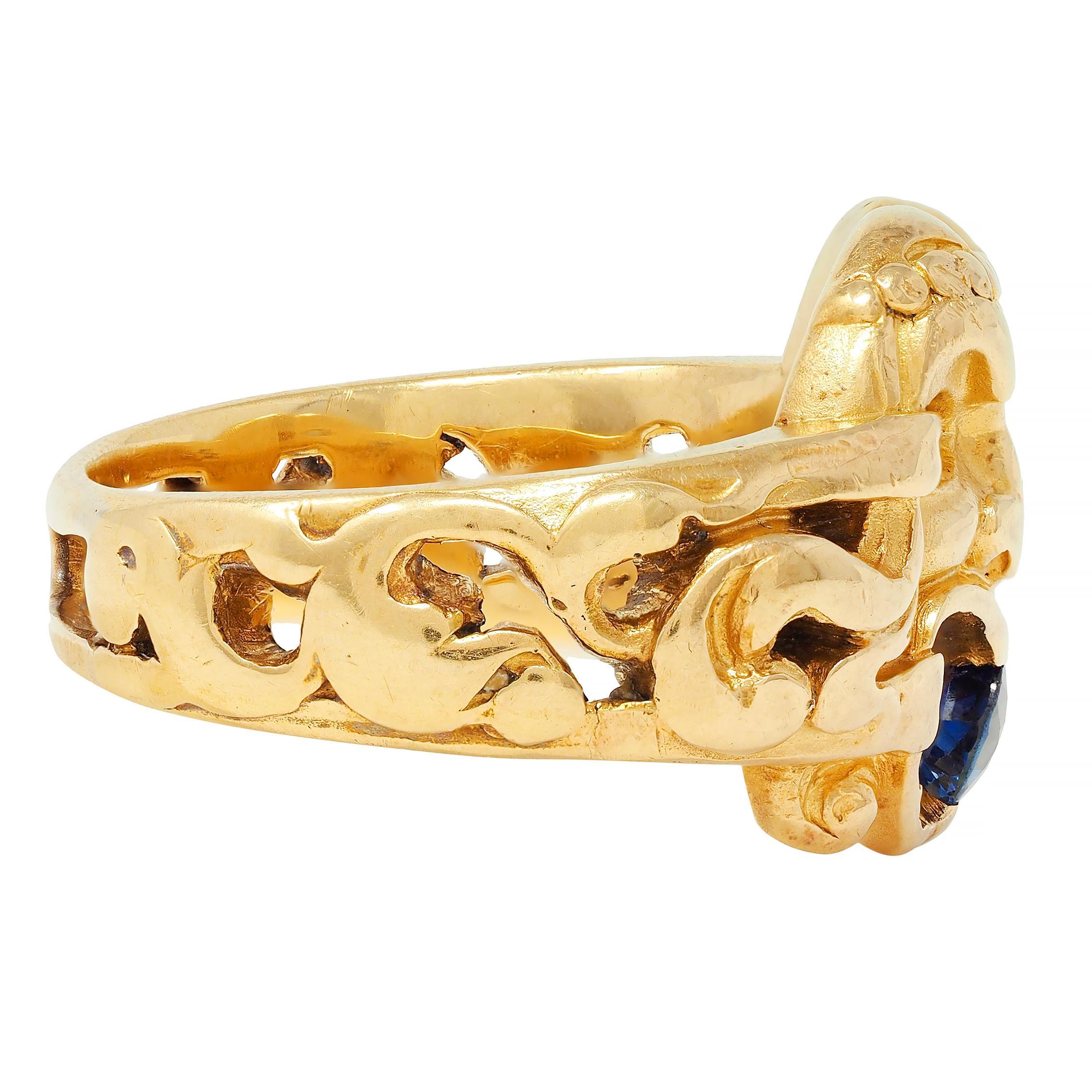 Victorian Sapphire 18 Karat Yellow Gold God Of Wind Antique Unisex Band Ring In Excellent Condition For Sale In Philadelphia, PA
