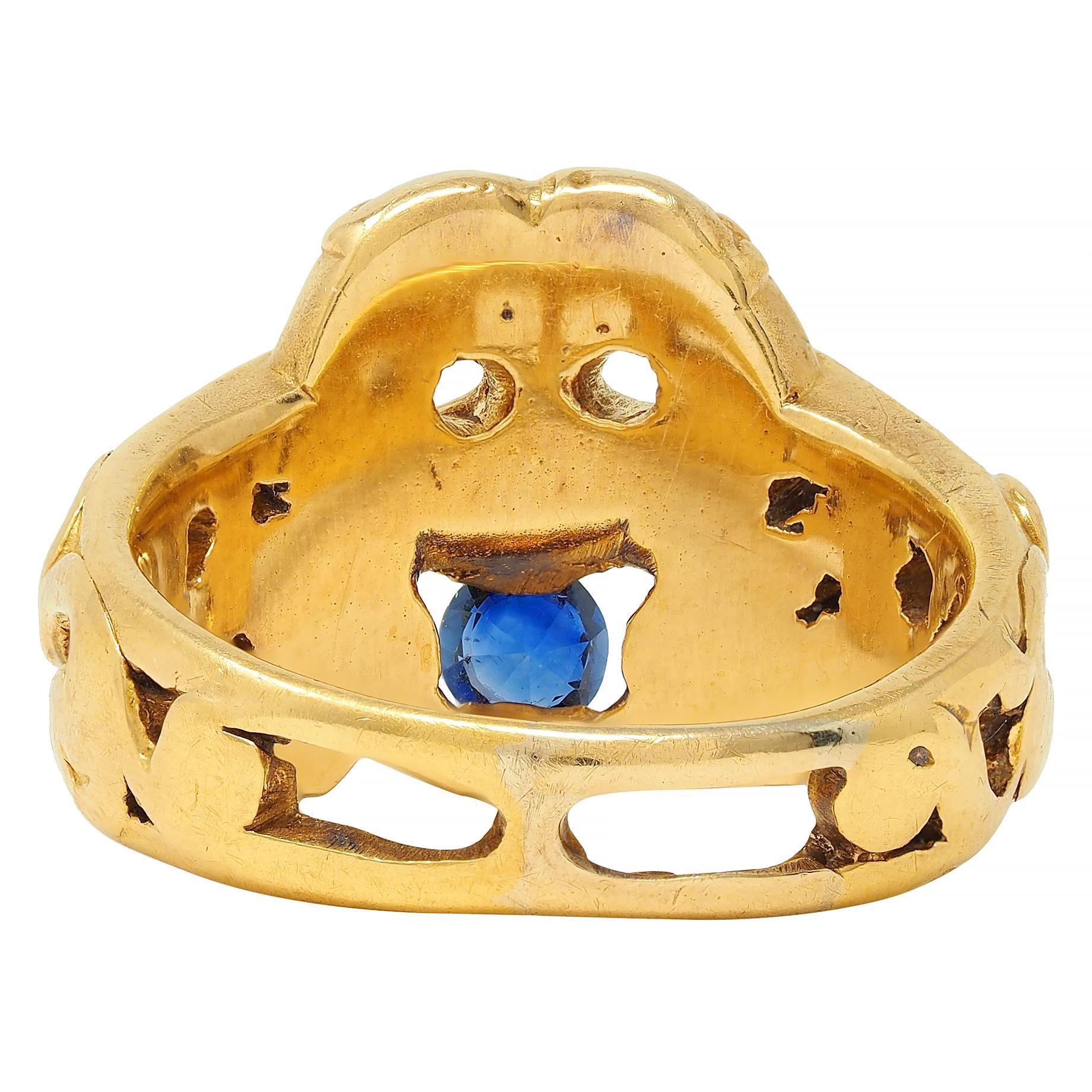 Victorian Sapphire 18 Karat Yellow Gold God Of Wind Antique Unisex Band Ring For Sale 1