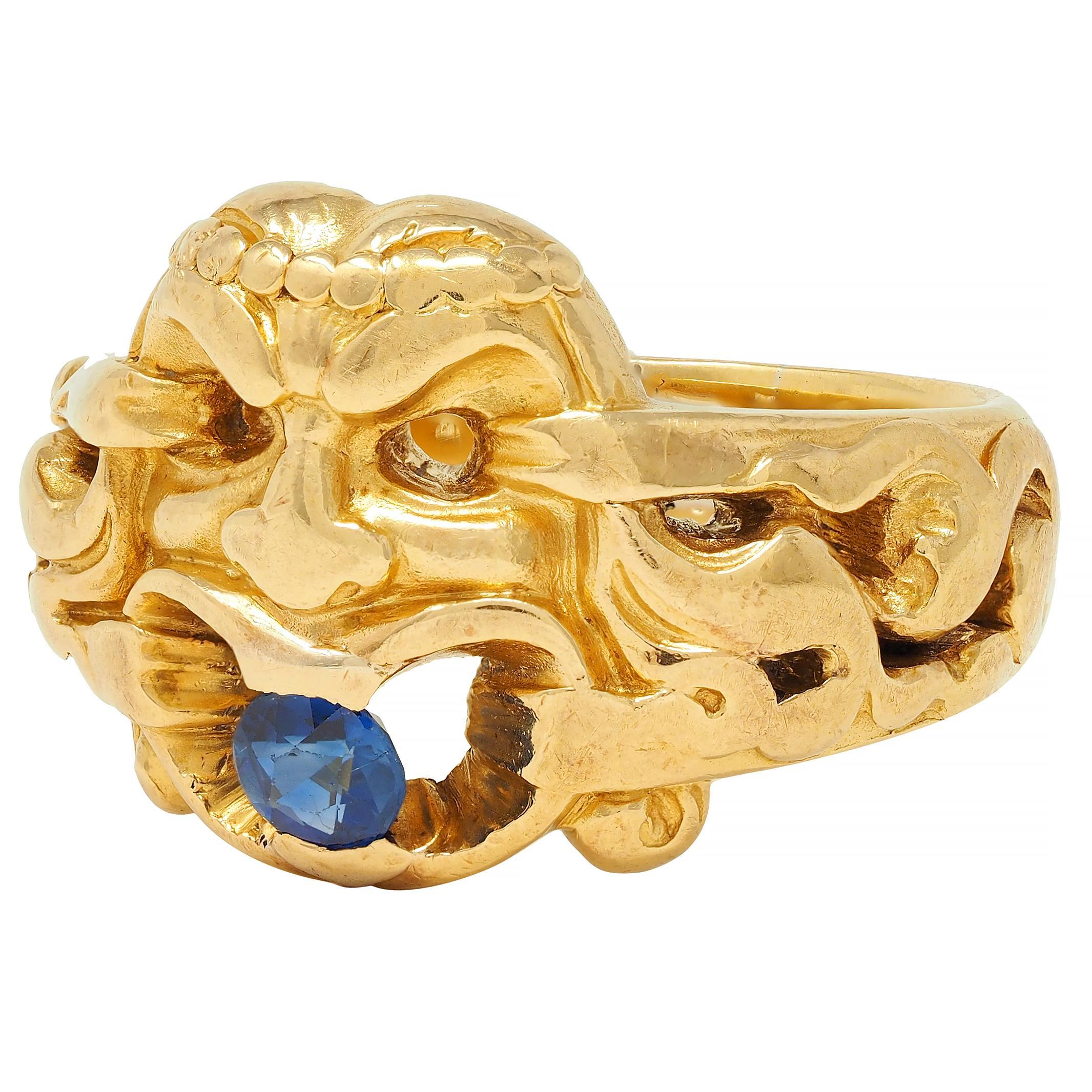 Victorian Sapphire 18 Karat Yellow Gold God Of Wind Antique Unisex Band Ring For Sale 3