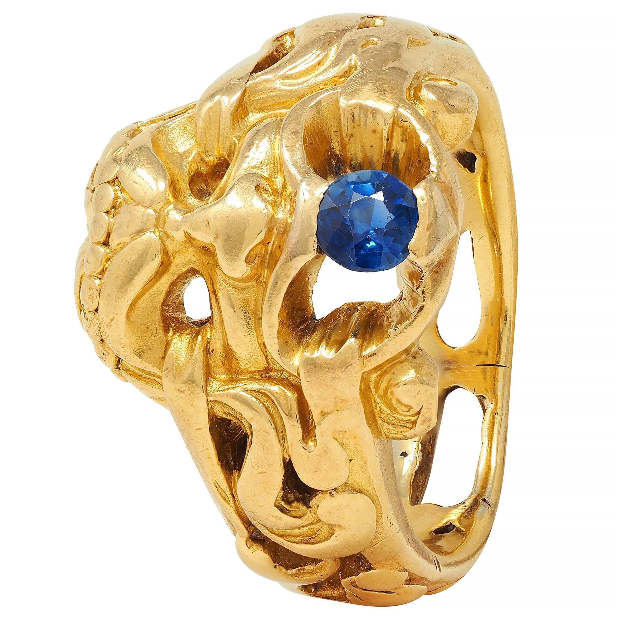 Victorian Sapphire 18 Karat Yellow Gold God Of Wind Antique Unisex Band Ring For Sale 4