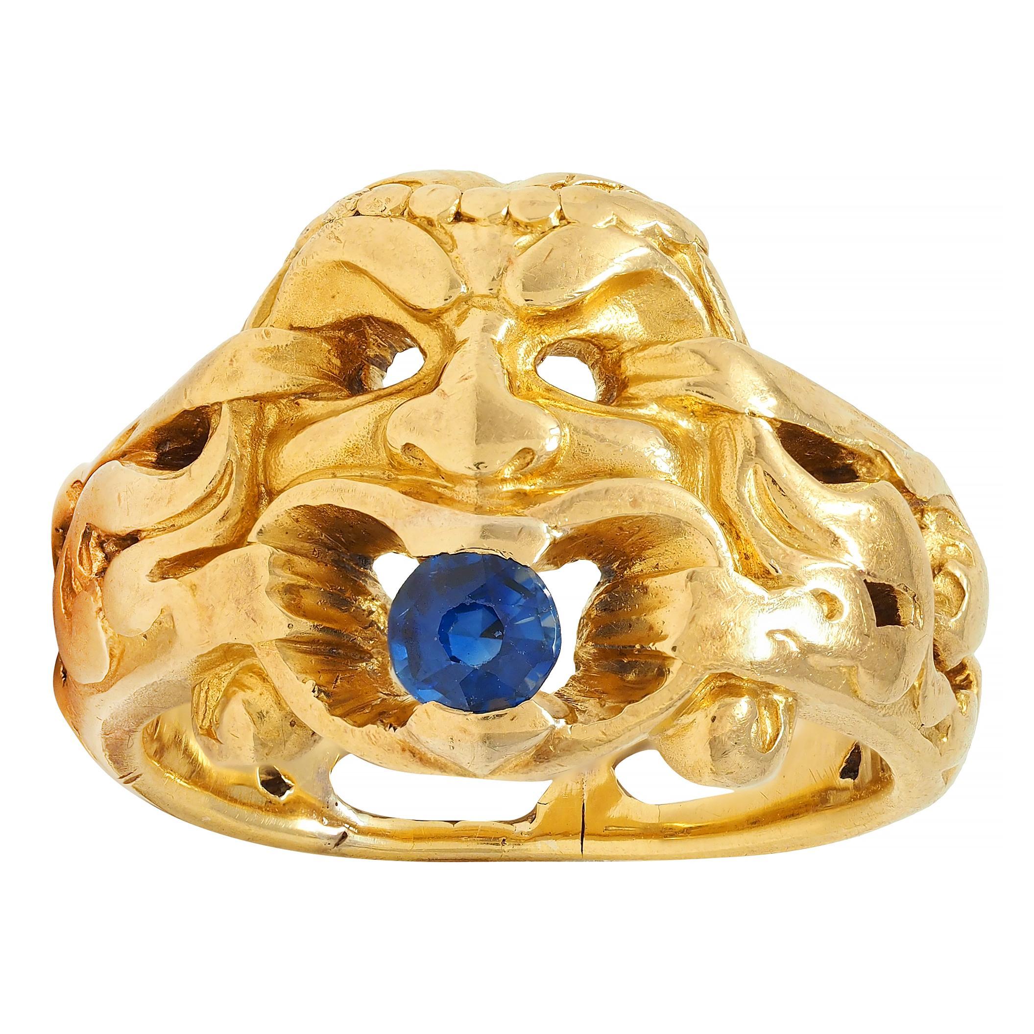 Victorian Sapphire 18 Karat Yellow Gold God Of Wind Antique Unisex Band Ring For Sale 5