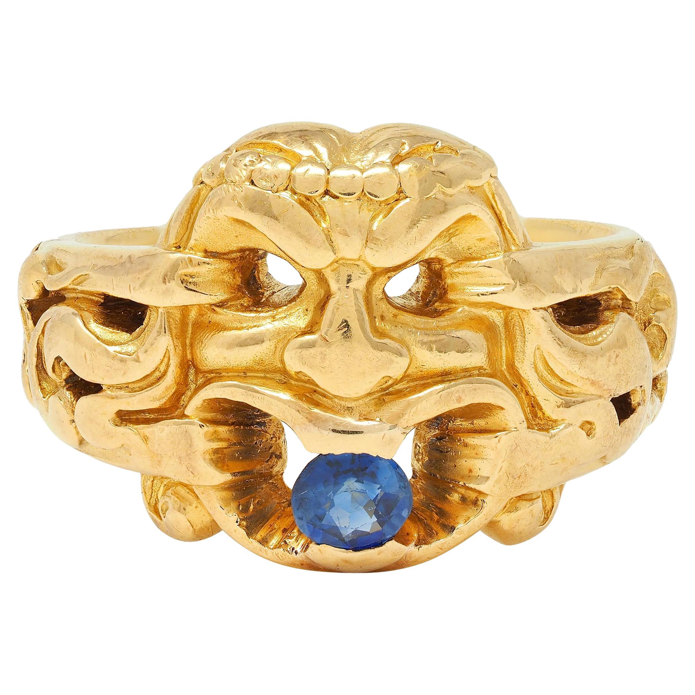 Victorian Sapphire 18 Karat Yellow Gold God Of Wind Antique Unisex Band Ring