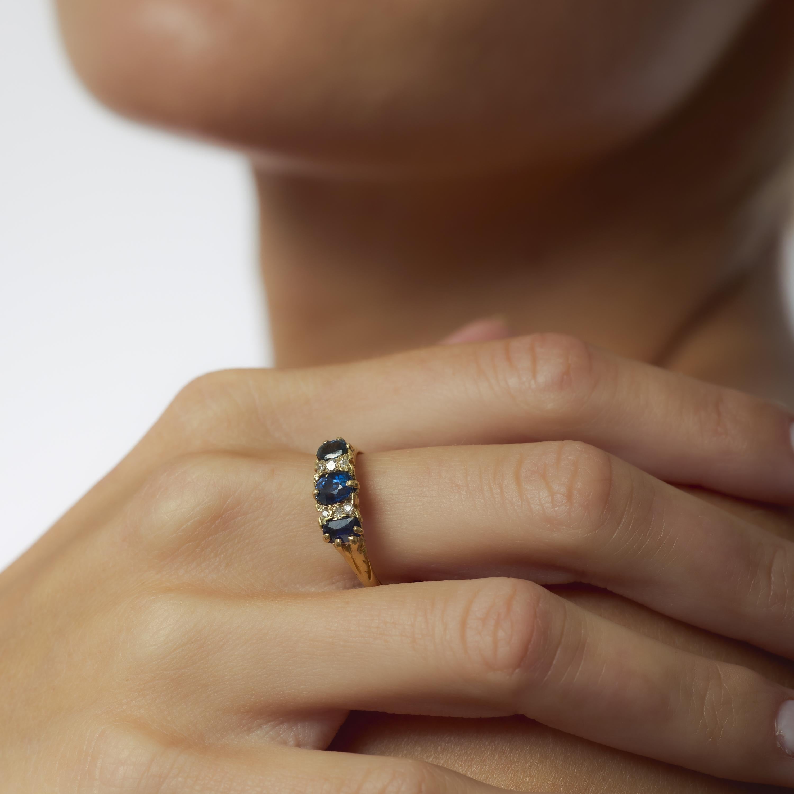 This Victorian 18k yellow gold ring showcases three deep blue oval sapphires in a classic, richly detailed setting. Crafted in the 1880s and hallmarked for purity, it radiates antique elegance and timeless craftsmanship.

Center stone: 3 oval cut