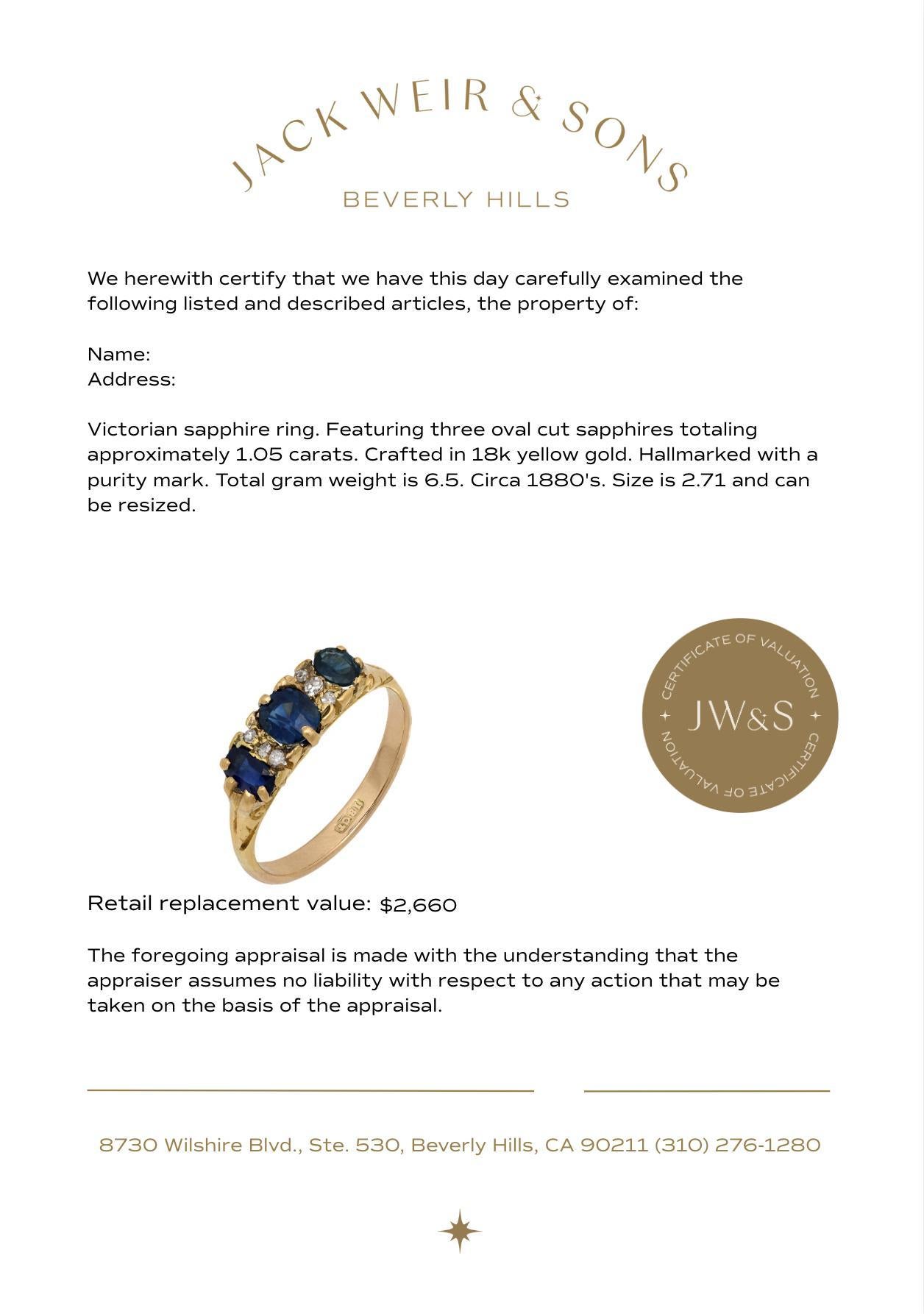 Victorian sapphire 18k yellow gold 3 stone ring For Sale 1
