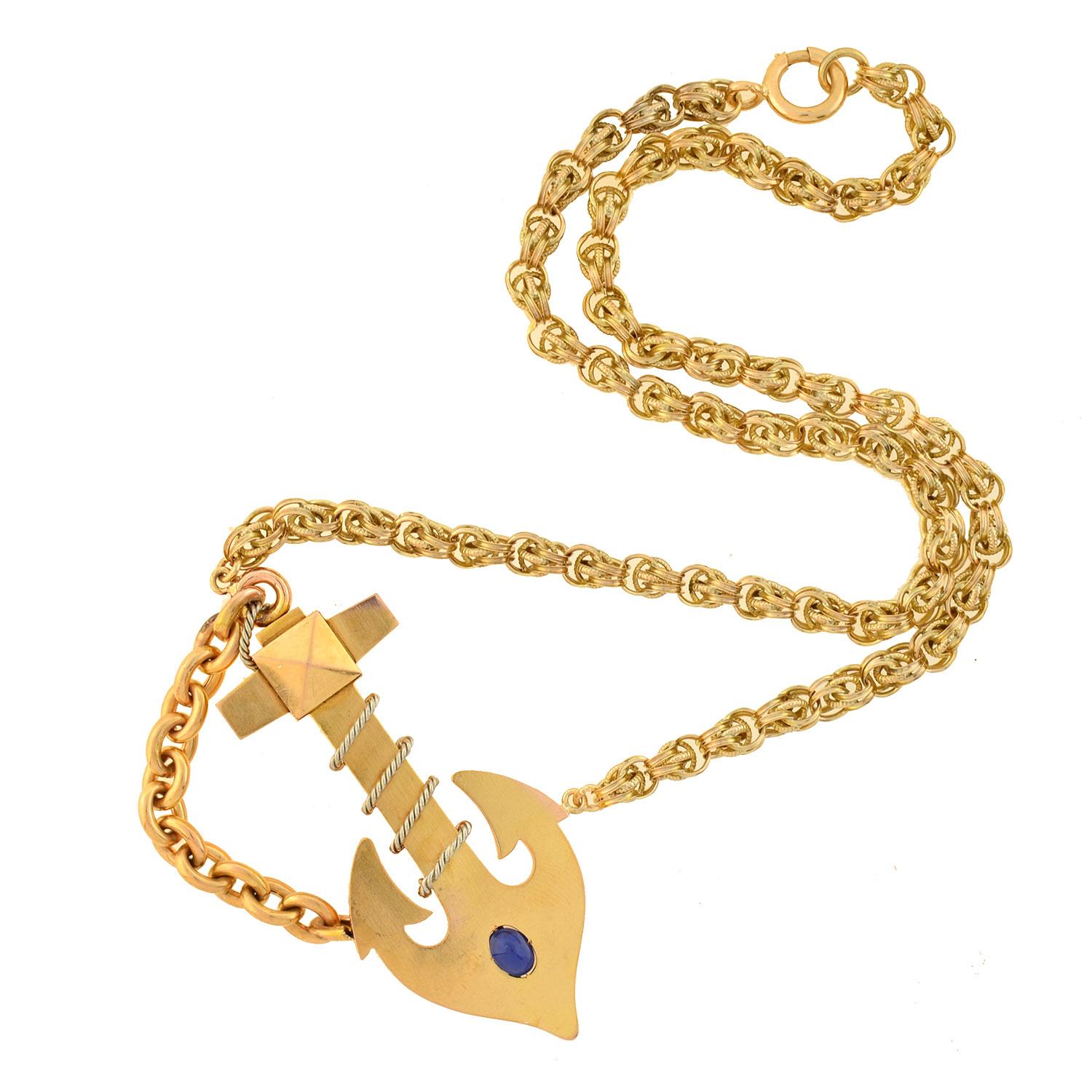 A fabulous anchor pendant necklace from the Victorian (ca1880) era! This beautiful piece is comprised of a bold anchor pendant, which is crafted in 18kt rosy yellow gold and attaches to a fine wirework chain. The anchor, which is particularly large