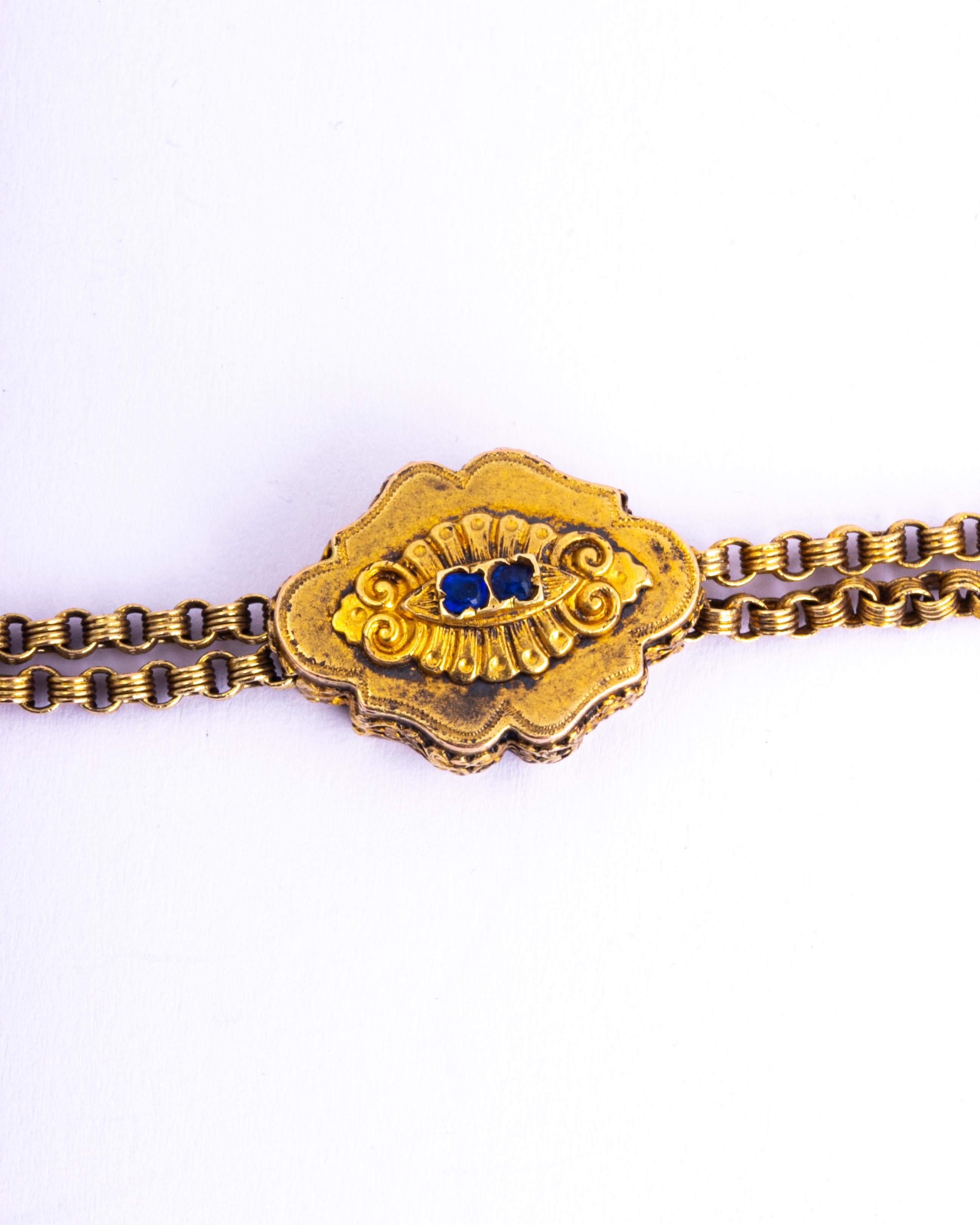 Viktorianische Albertina-Halskette mit Saphir und 15 Karat Gold (Rohschliff) im Angebot