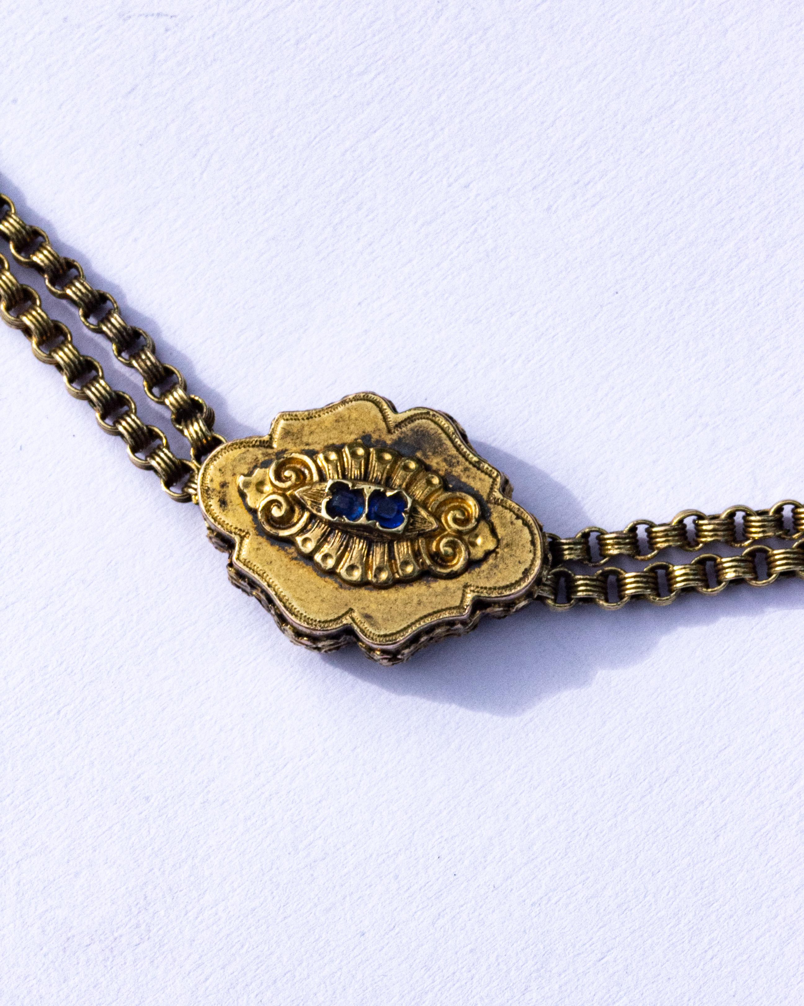 Victorian Sapphire and 15 Carat Gold Albertina Necklace In Good Condition For Sale In Chipping Campden, GB