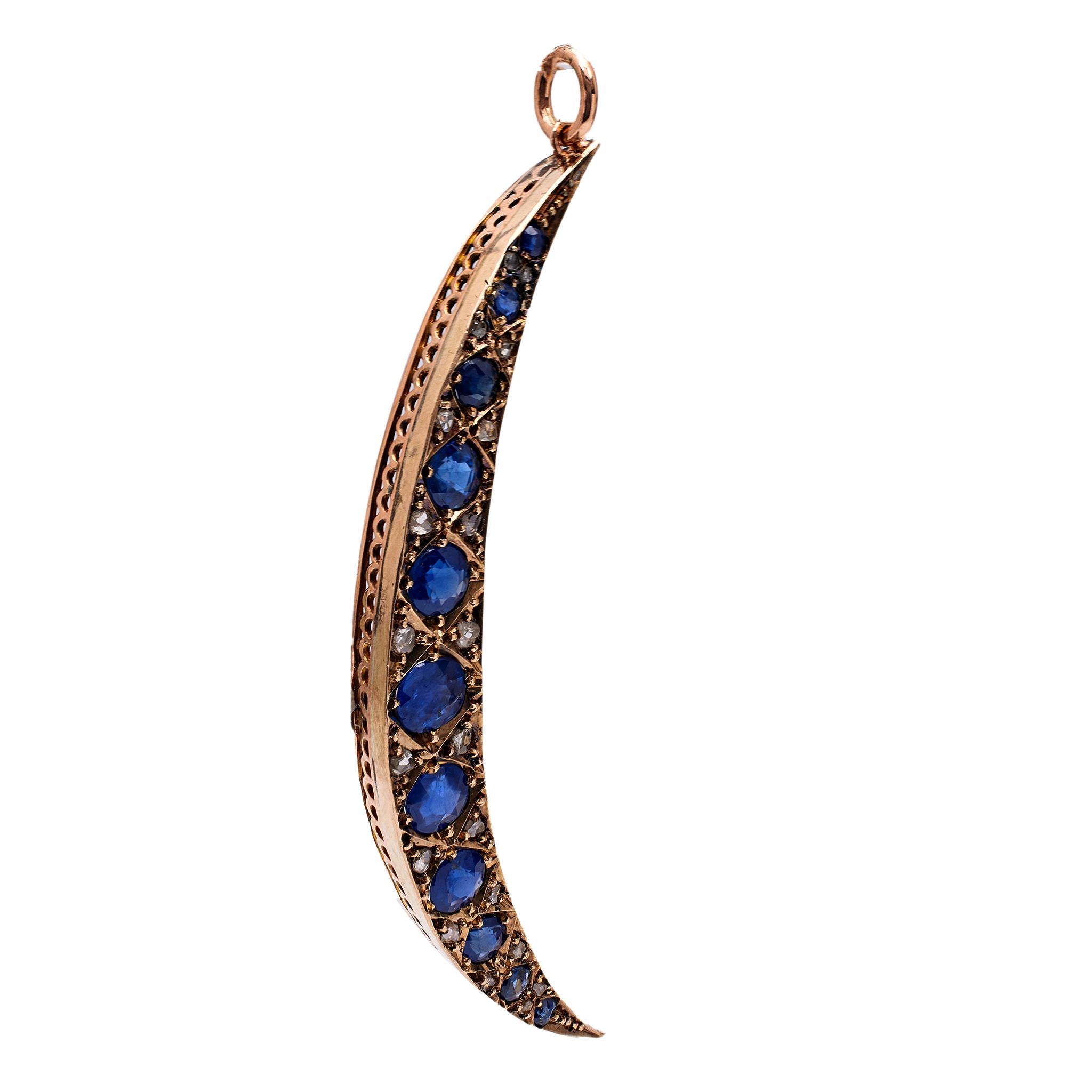 Women's or Men's Victorian Sapphire and Diamond 10k Rose Gold Crescent Moon Pendant For Sale