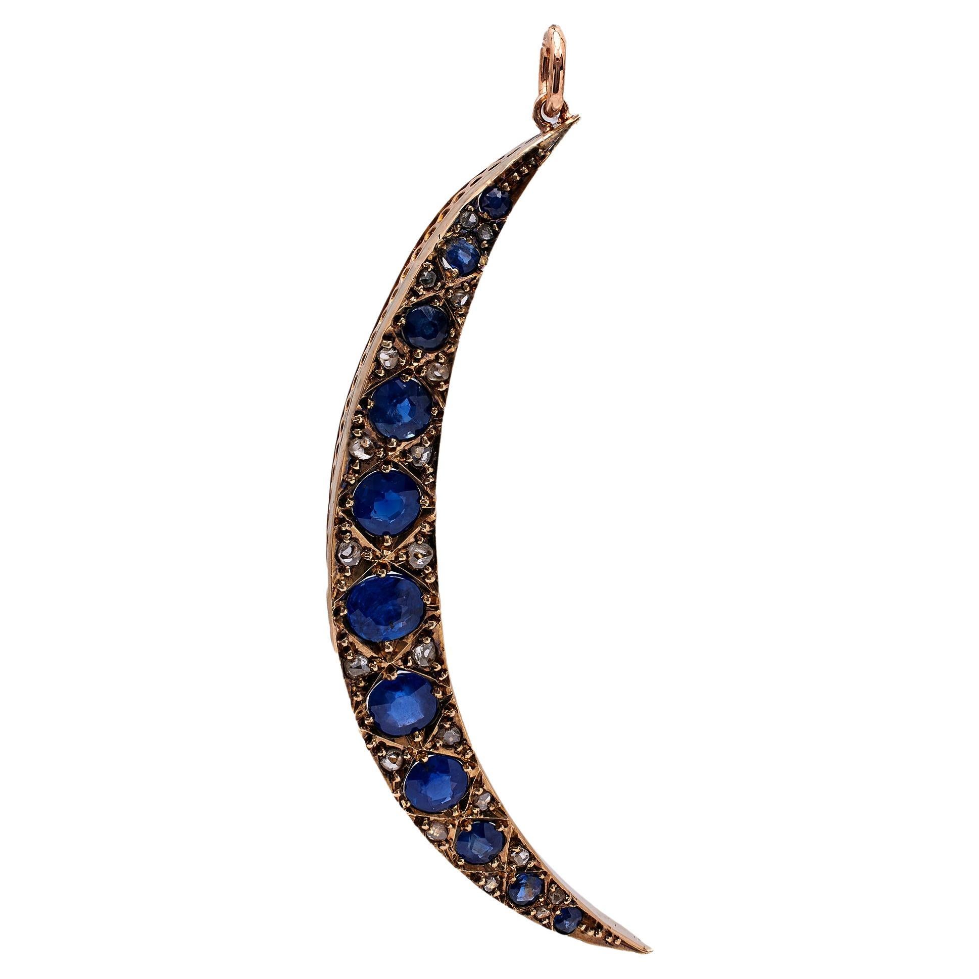 Victorian Sapphire and Diamond 10k Rose Gold Crescent Moon Pendant For Sale