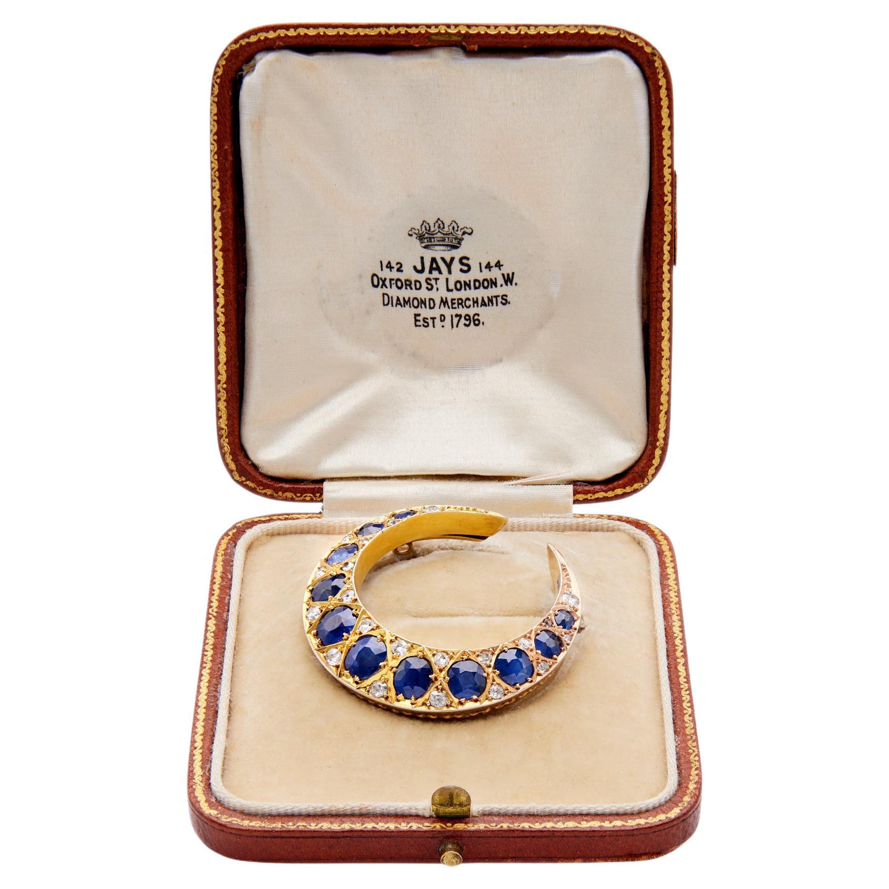 Victorian Sapphire and Diamond 10k Yellow Gold Crescent Moon Brooch For Sale