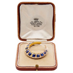 Victorian Sapphire and Diamond 10k Yellow Gold Crescent Moon Brooch