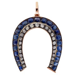 Victorian Sapphire and Diamond 18k Rose Gold Silver Horseshoe Pendant