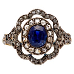 Antique Victorian Sapphire and Diamond 18k Yellow Gold Silver Flower Ring