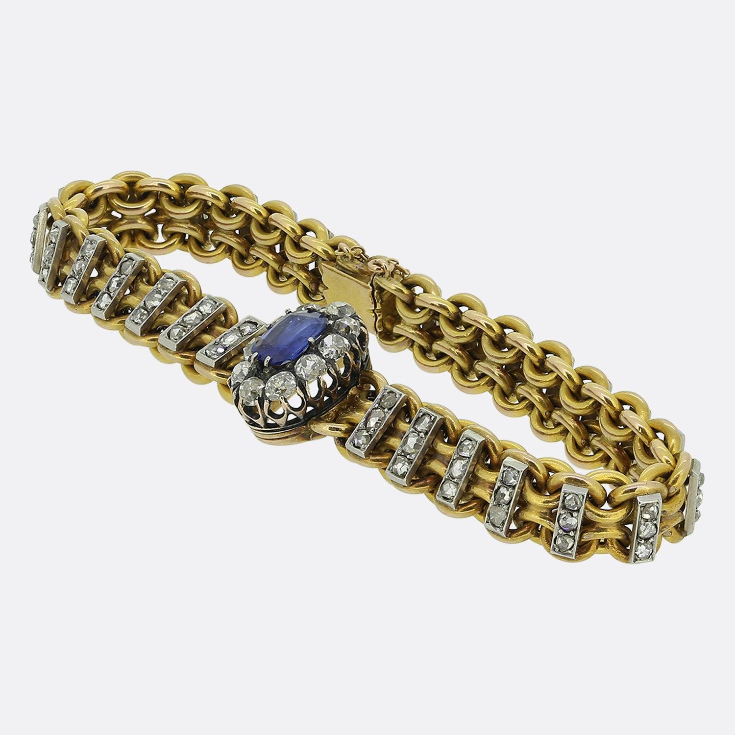 Here we have a gorgeous antique sapphire and diamond chain bracelet. This French piece has been crafted from 18ct yellow gold a showcases a unique chain design with every other connecting link being set with a trio of old cut diamonds in a vertical