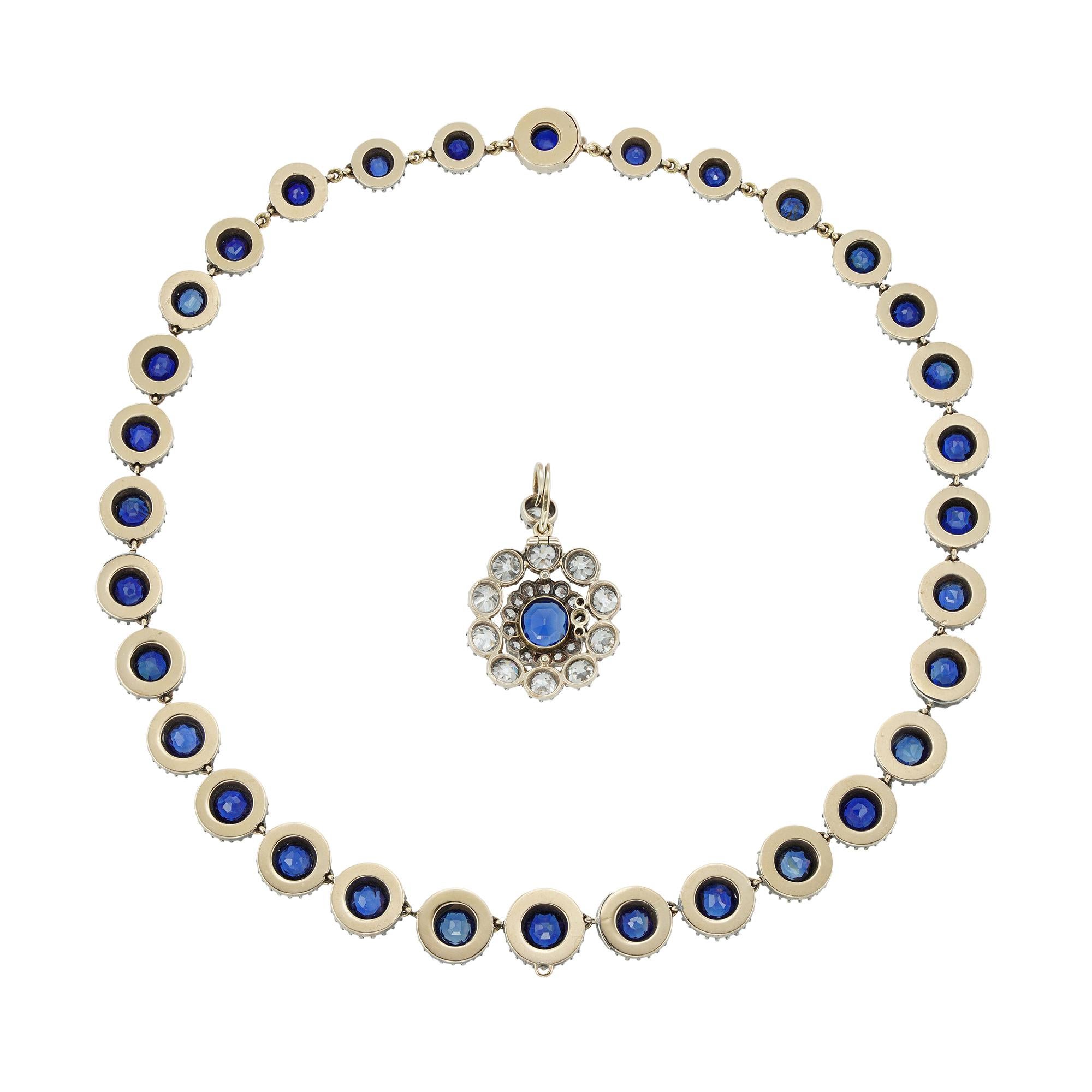 Viktorianische viktorianische Cluster-Halskette mit Saphiren und Diamanten (Rundschliff) im Angebot