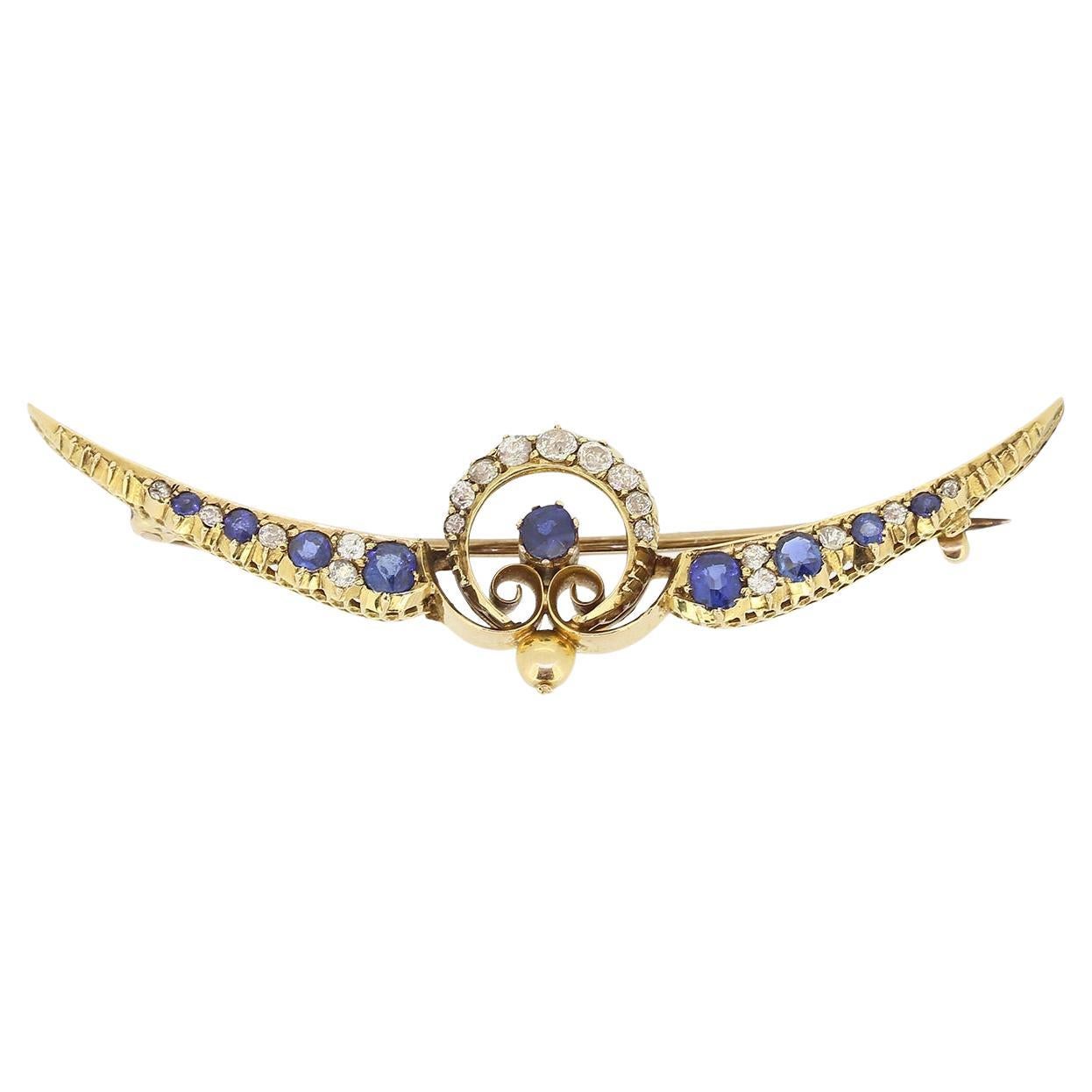 Victorian Sapphire and Diamond Crescent Brooch For Sale