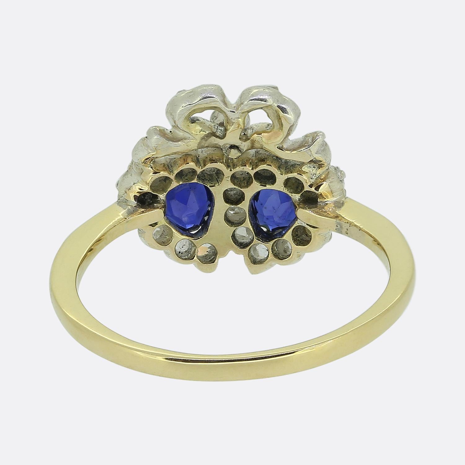 Rose Cut Victorian Sapphire and Diamond Double Heart Ring For Sale