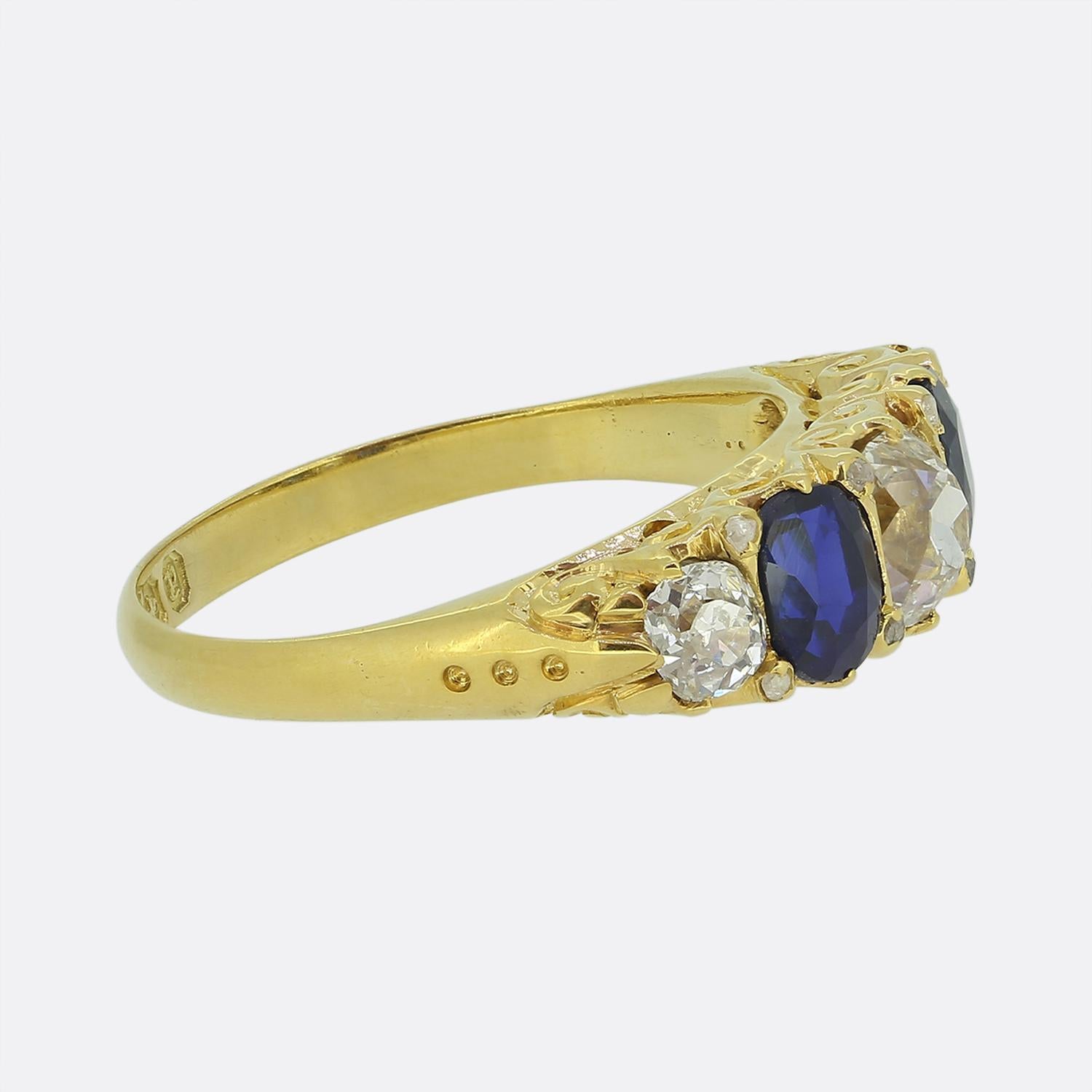 Oval Cut Victorian Sapphire and Diamond Five-Stone Ring For Sale