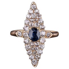 Victorian Sapphire and Diamond Navette Ring of 18k Gold