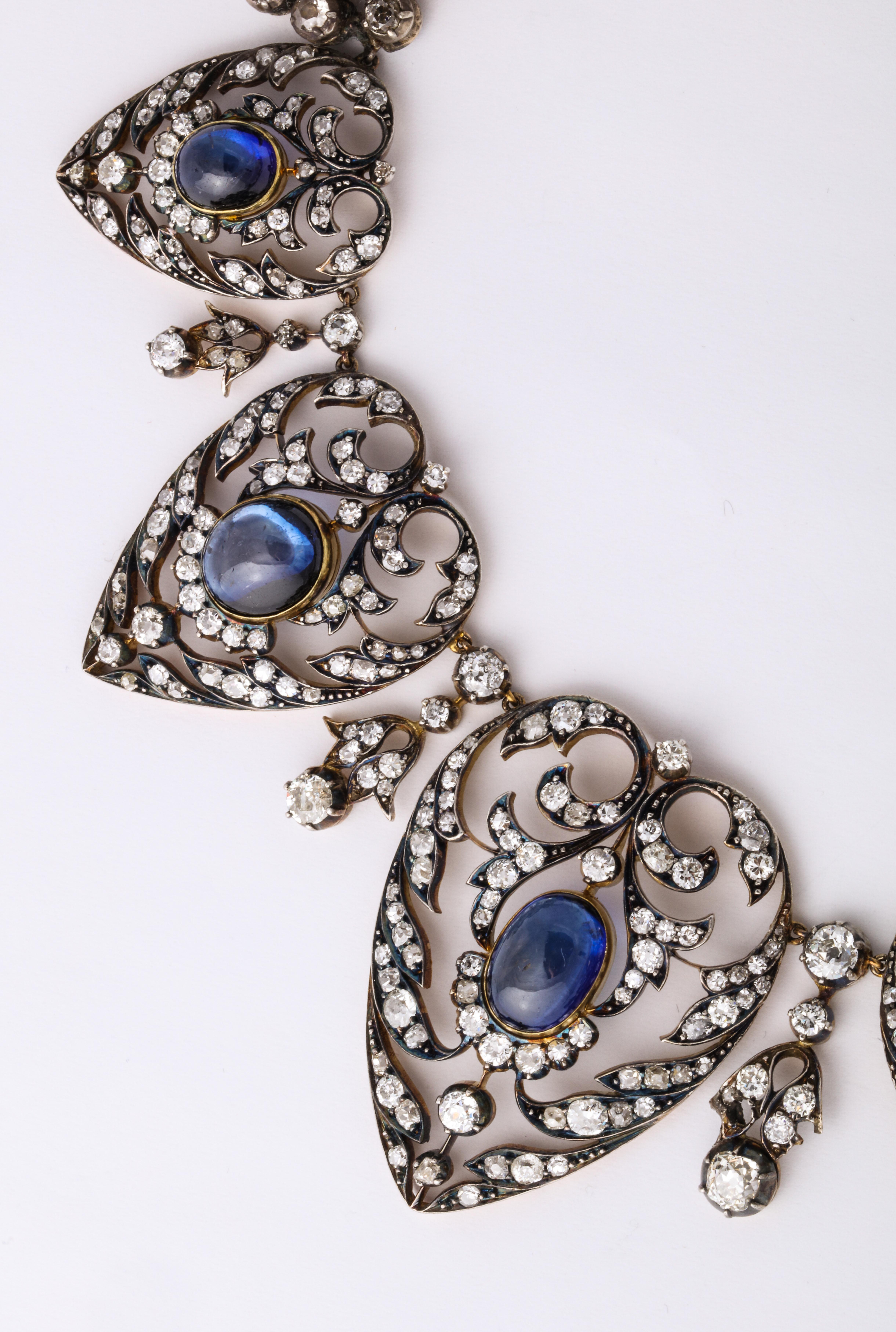 A one of a kind necklace from the late 1800s with cabochon sapphires of stunning quality surrounded by old mine diamonds.

Depicted in full page spread in the 