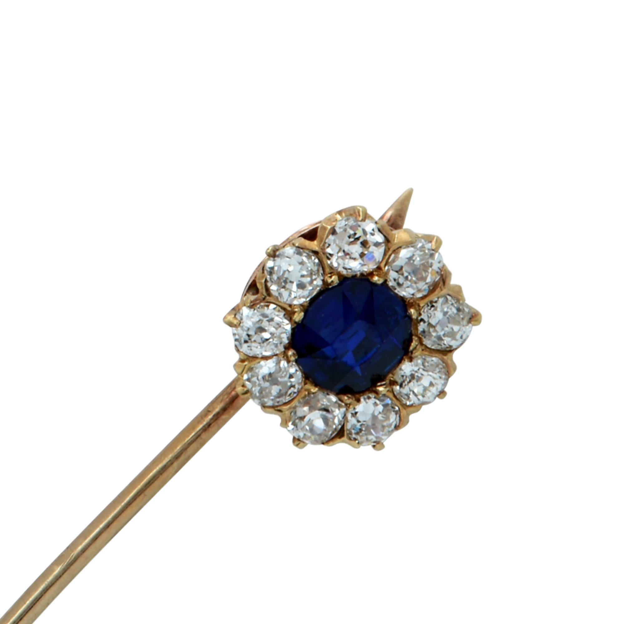 Round Cut Victorian Sapphire and Diamond Pin