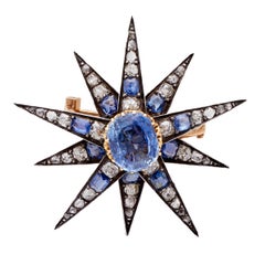 Victorian Sapphire and Diamond Silver 14k Yellow Gold Celestial Star Brooch