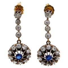 Victorian Sapphire and Diamond Silver 14k Yellow Gold Dangle Earrings