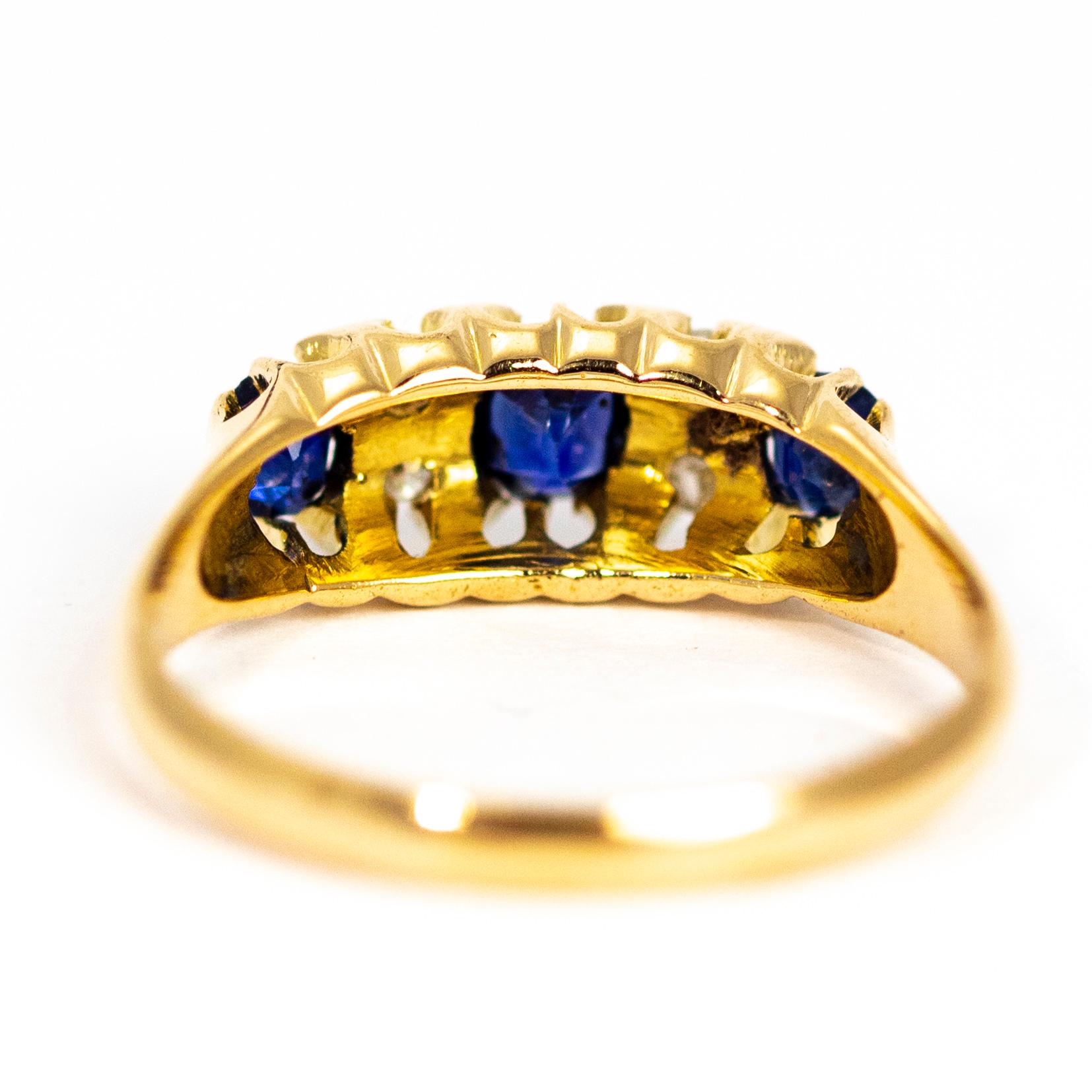 Women's or Men's Victorian Sapphire and Diamond Three-Stone 18 Carat Gold Ring