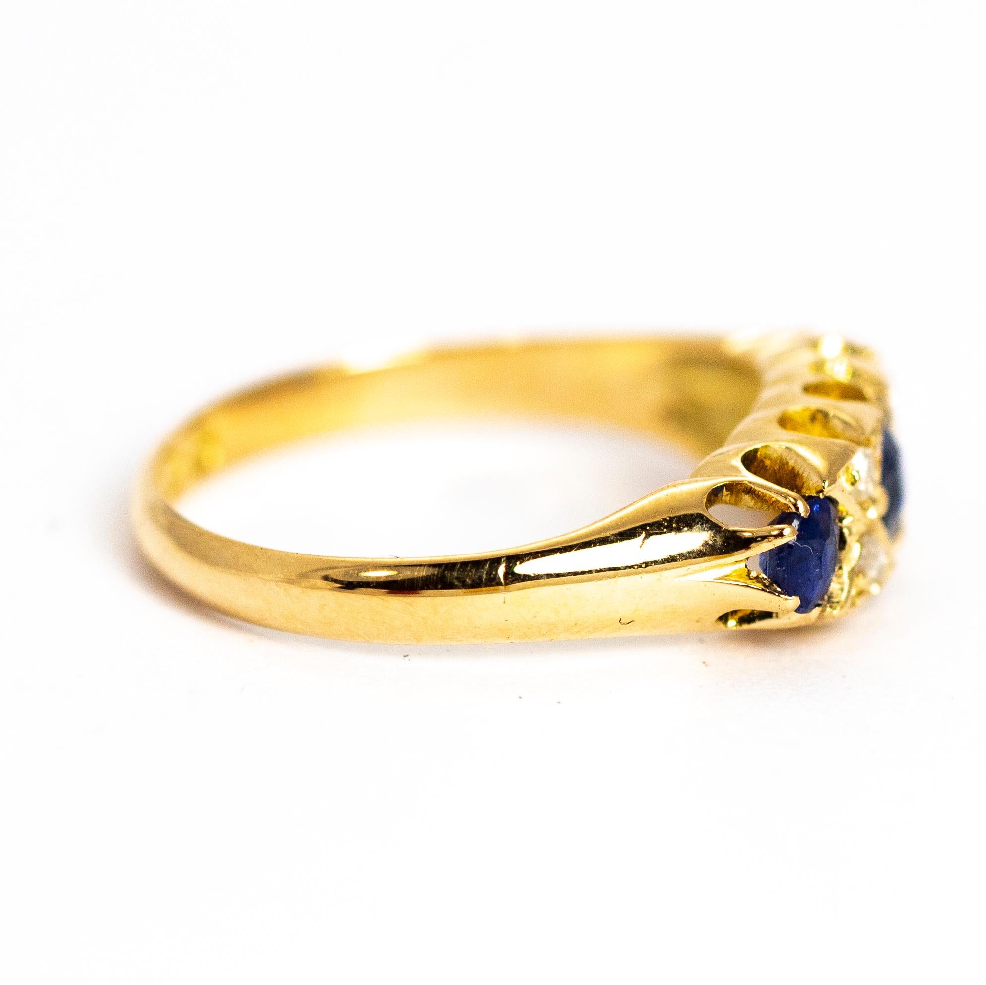 Victorian Sapphire and Diamond Three-Stone 18 Carat Gold Ring 1