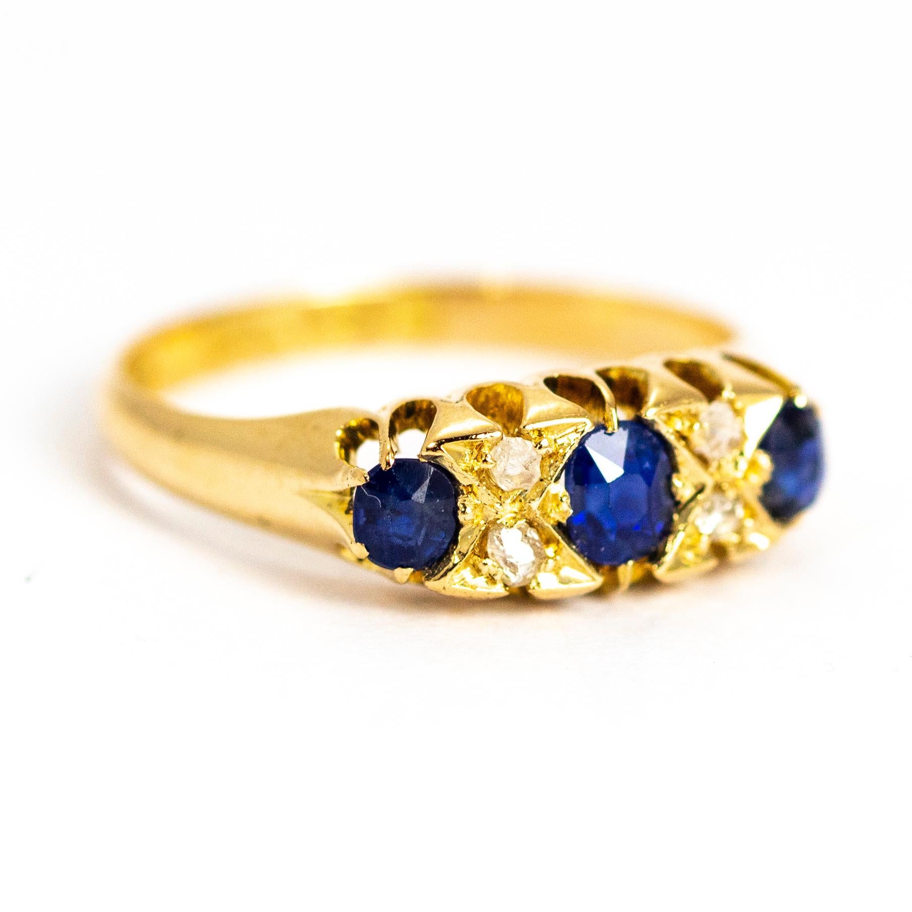 Victorian Sapphire and Diamond Three-Stone 18 Carat Gold Ring 2