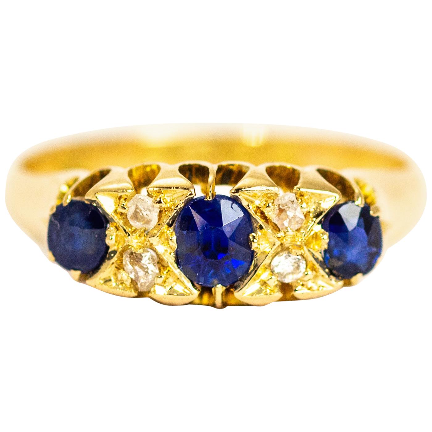 Victorian Sapphire and Diamond Three-Stone 18 Carat Gold Ring