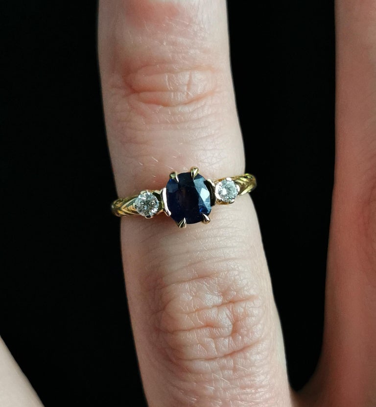 Antique Cushion Cut Victorian Sapphire and Diamond Three Stone Ring, 18ct Gold For Sale