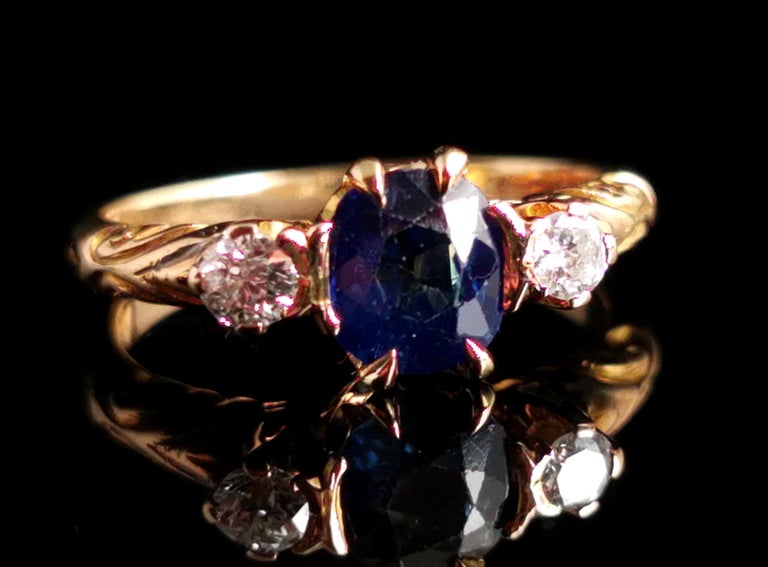 Women's Victorian Sapphire and Diamond Three Stone Ring, 18ct Gold For Sale