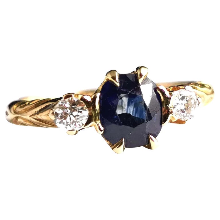 Victorian Sapphire and Diamond Three Stone Ring, 18ct Gold For Sale