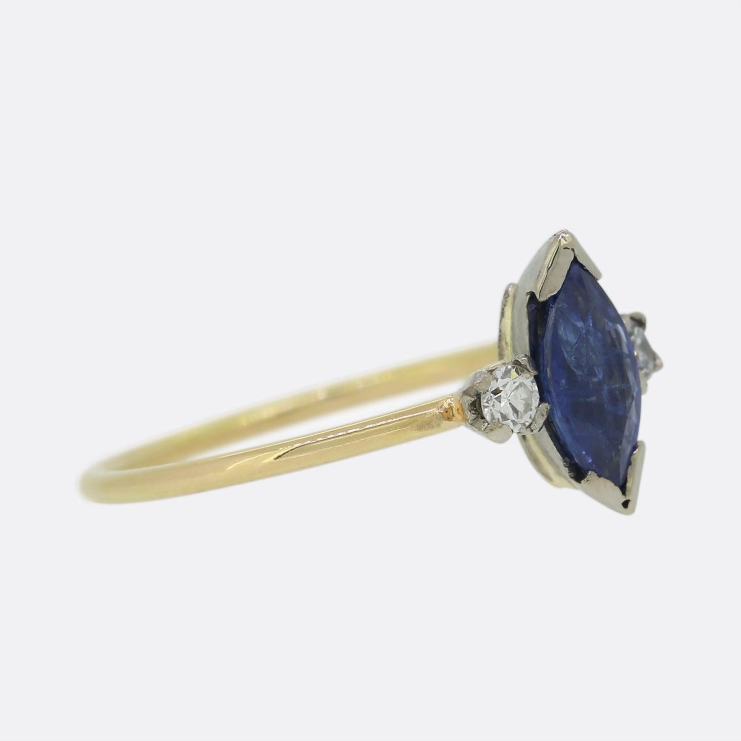 Marquise Cut Victorian Sapphire and Diamond Three Stone Ring For Sale