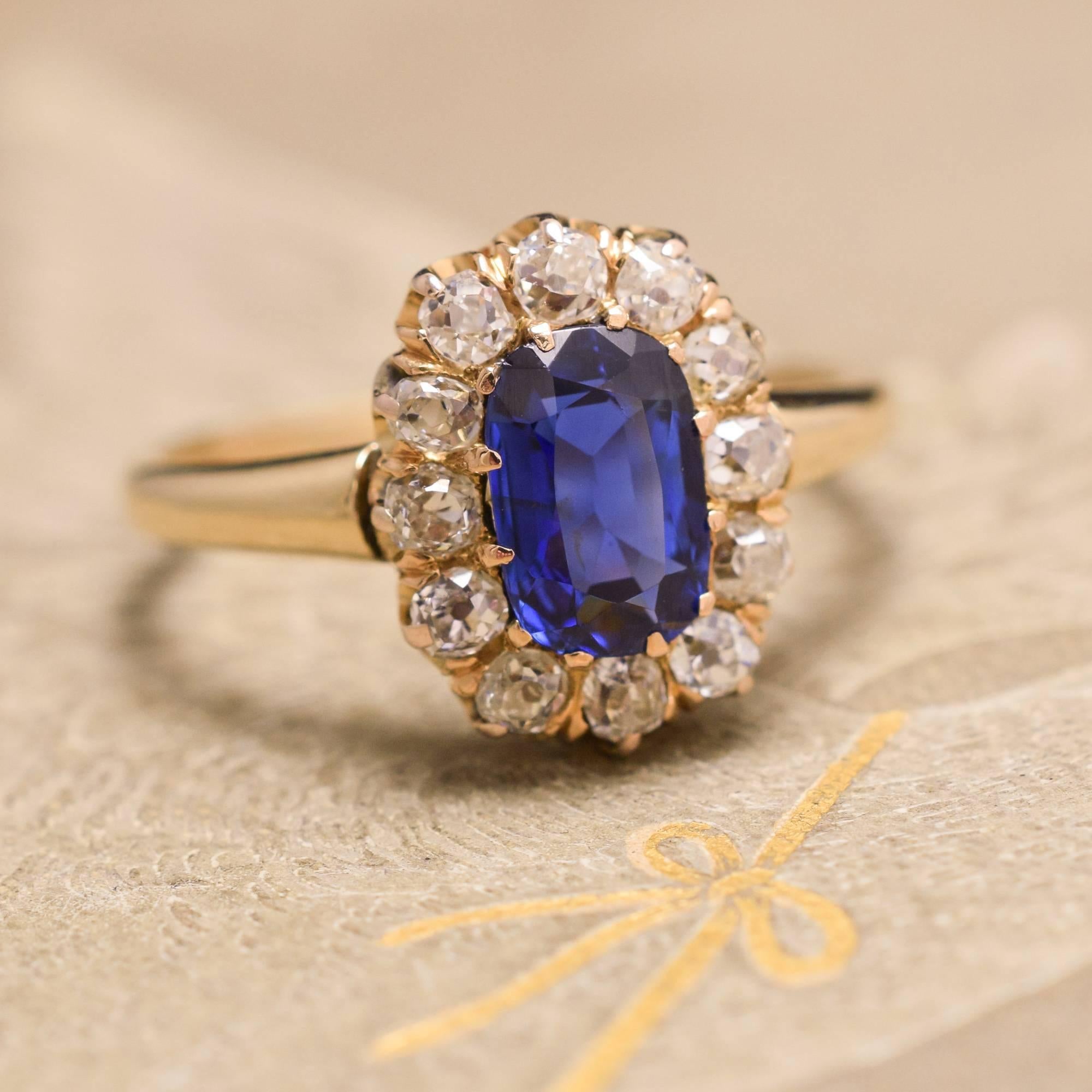 Cushion Cut Victorian Sapphire and Old Mine Cut Diamond Oval Cluster Ring For Sale