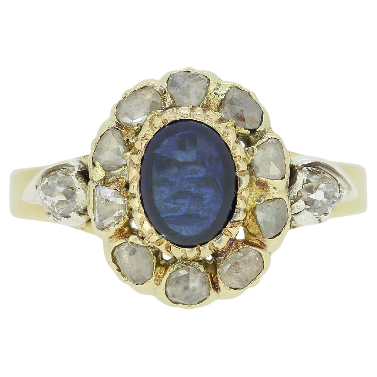 Victorian Sapphire and Rose Cut Diamond Cluster Ring For Sale